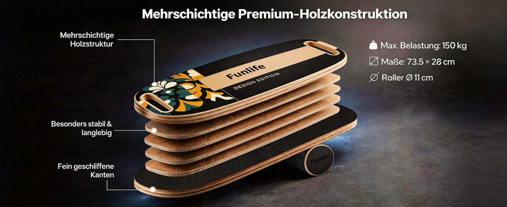 FunLife MOVE Balance Board mit Rolle – Balance Trainer mit 3-stufigem Balance System für Core Training, Gleichgewicht, Koordination & Stabilität
