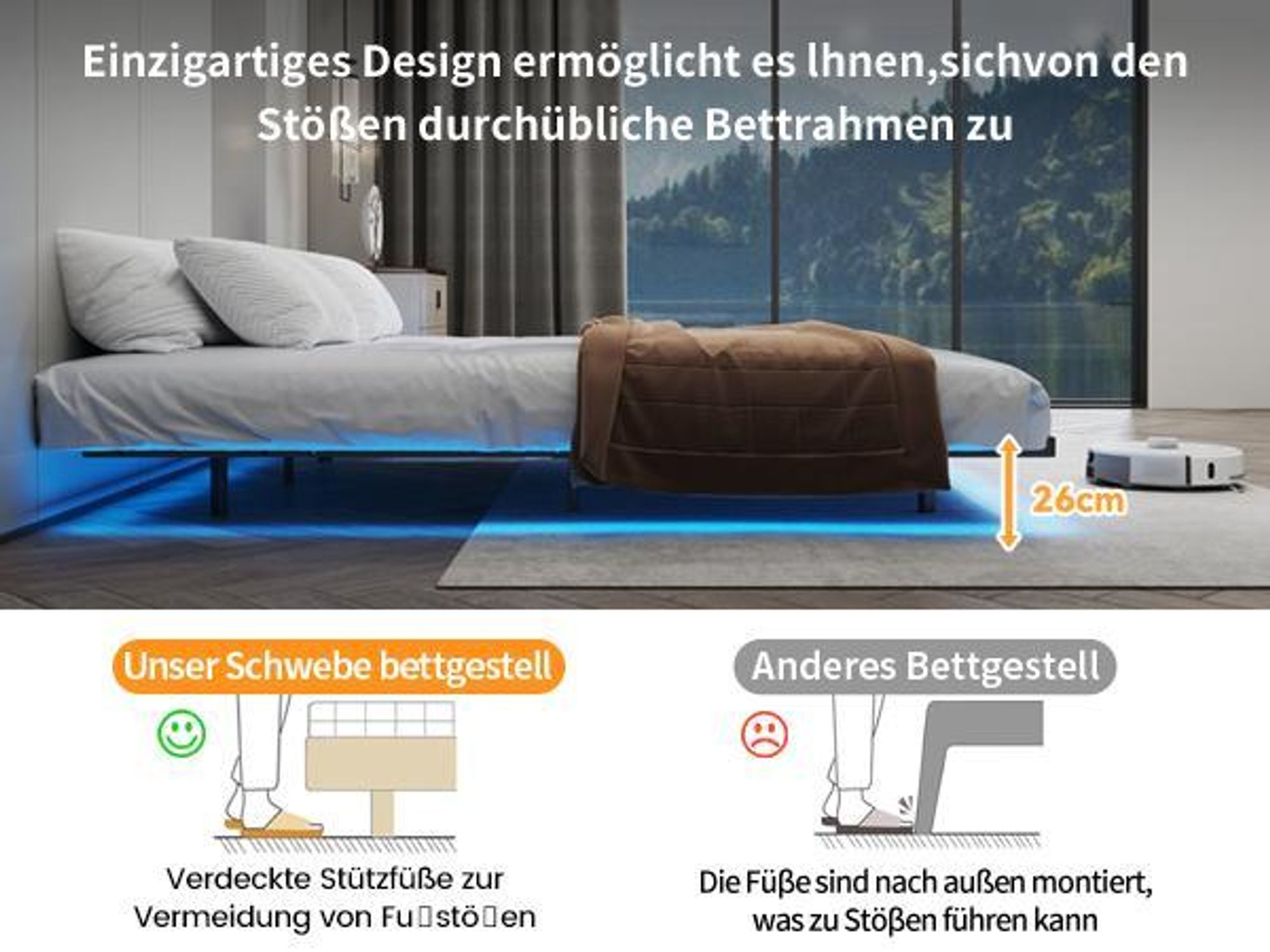 COMHOMA Bettrahmen Metallbett Gästebett Bettgestell aus Metall, mit LED & Steckdosen, Jugendbett 120x190, App & Fernbedienung, stabile Konstruktion