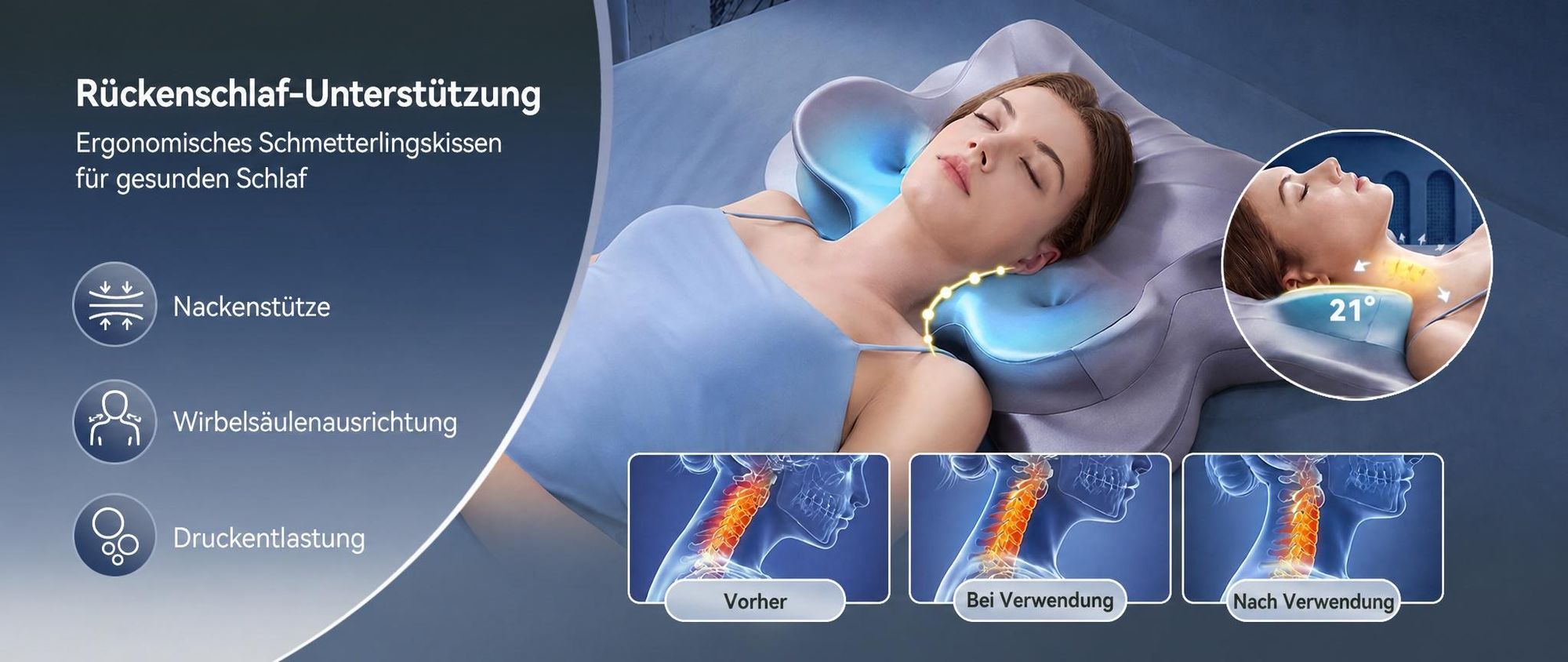 Nackenstützkissen Ergonomisches Memory Foam Kissen Schlafkissen,Waschbarer Kühlendes Eisseidengewebe Bezug, 13,4/8,3 cm, und CertiPUR-US