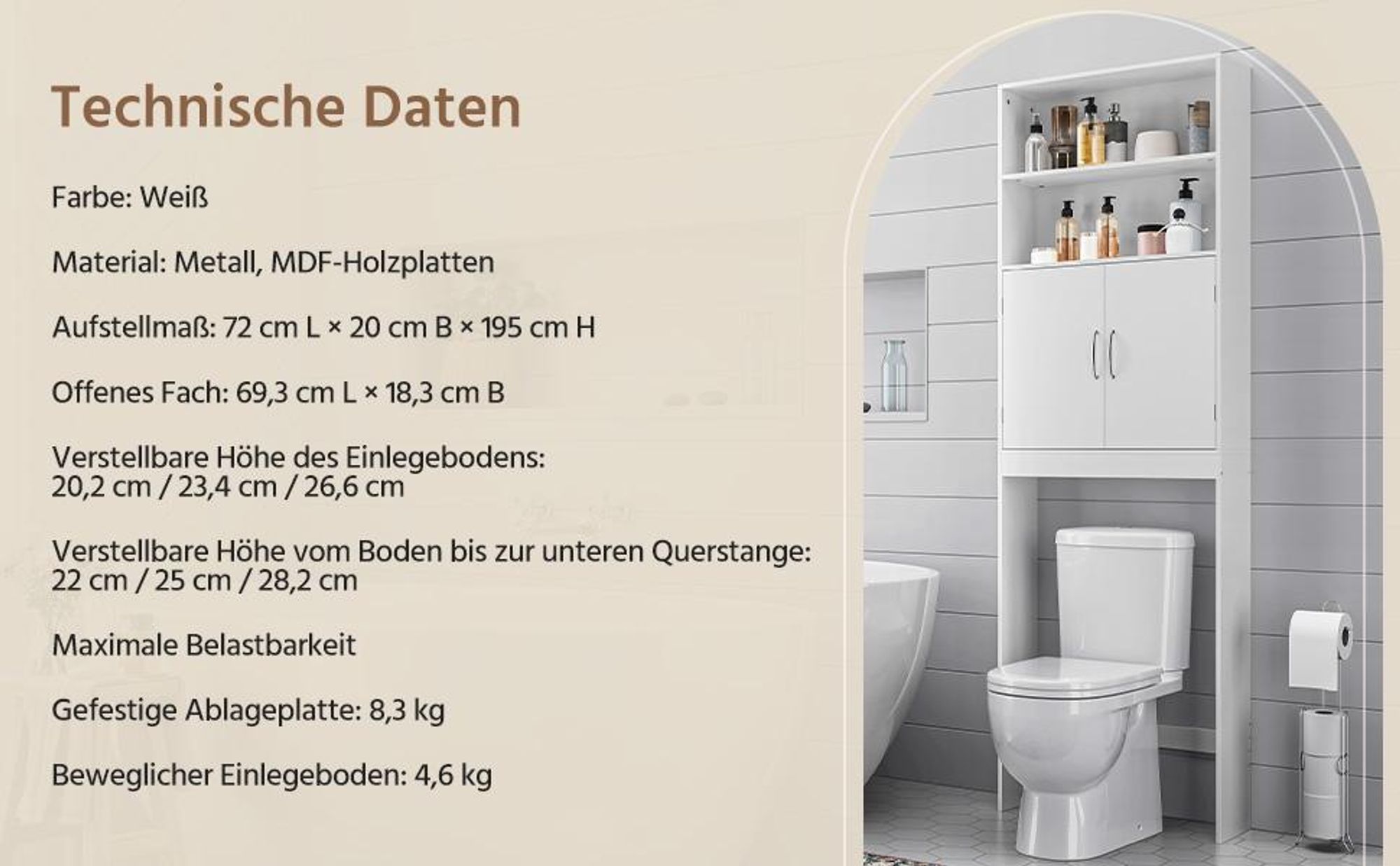 Yaheetech Waschmaschinenschrank Toilettenschrank 195 cm H, Überbau Badezimmerschrank über WC und Waschmaschine, Weiß
