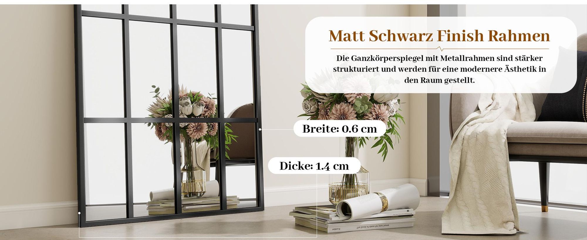 Koonmi 60x165 cm Fensterscheibe Ganzkörperspiegel -  Dekorative Vollkörper mit Metallrahmen hängend Schrägung für den Eingang, Wohnzimmer, Schwarz
