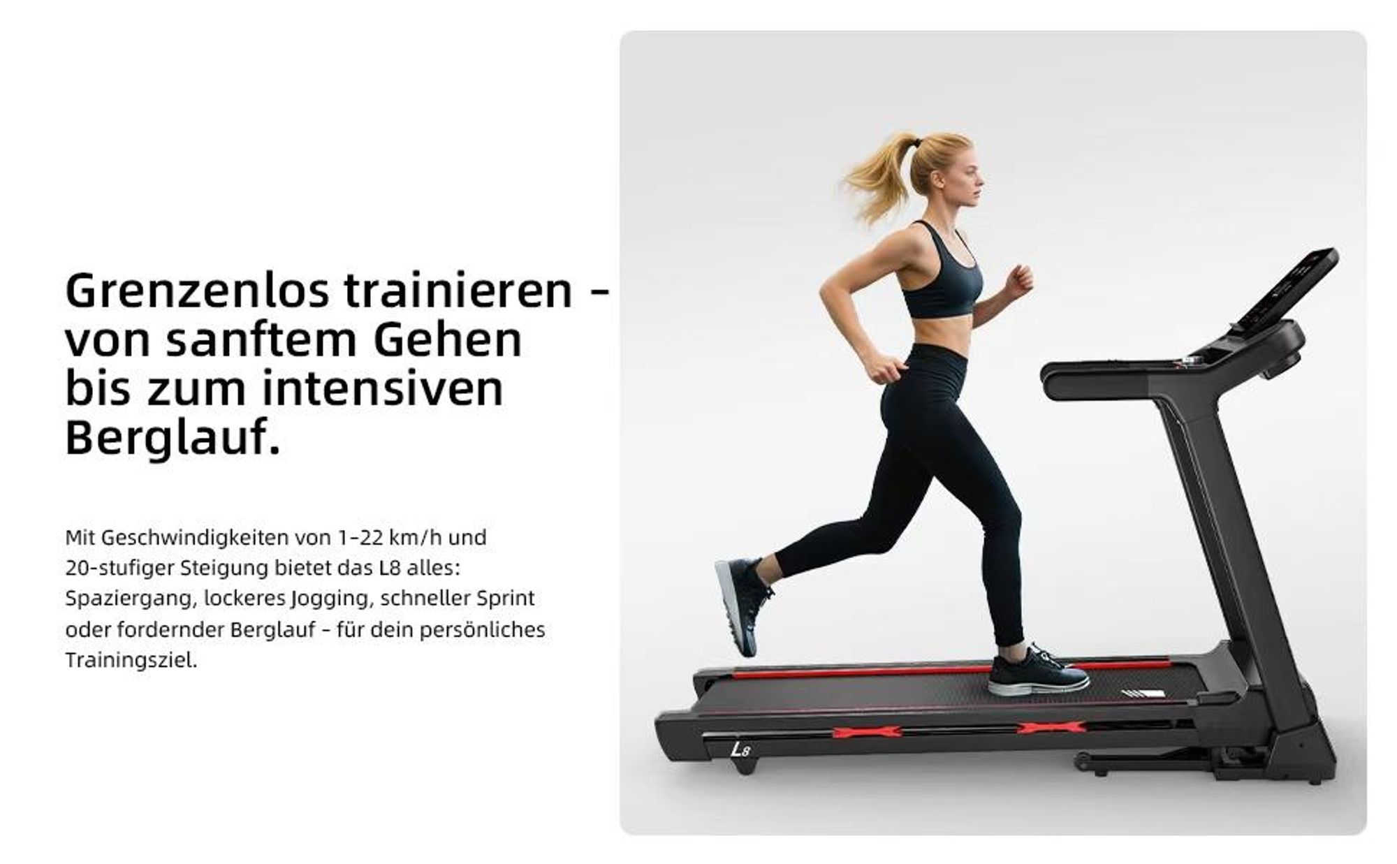 JASPORT L8 Elektrisches Laufband klappbar – 4.0 PS DC-Motor, bis 22 km/h, 0–20 % Steigung, 1450×480 mm Lauffläche, LED-Display, Bluetooth-Lautsprecher