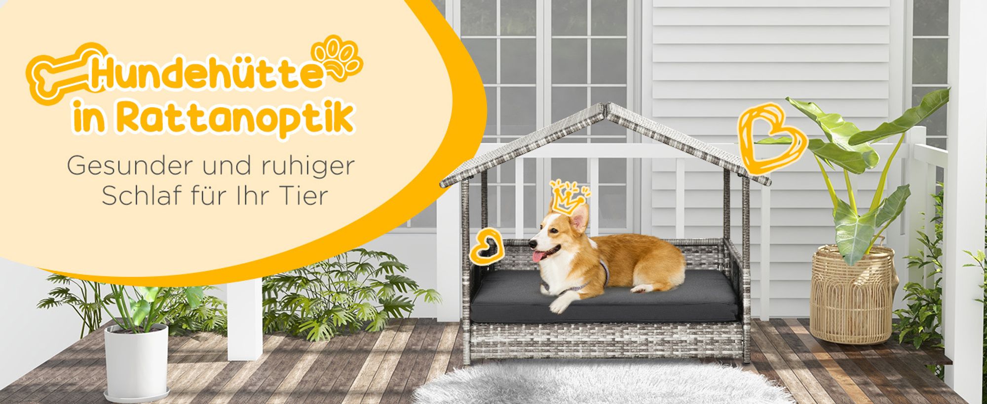 PawHut Rattan Hundehaus Hundebett mit Kissen Hausform Outdoor Hundehütte Grau