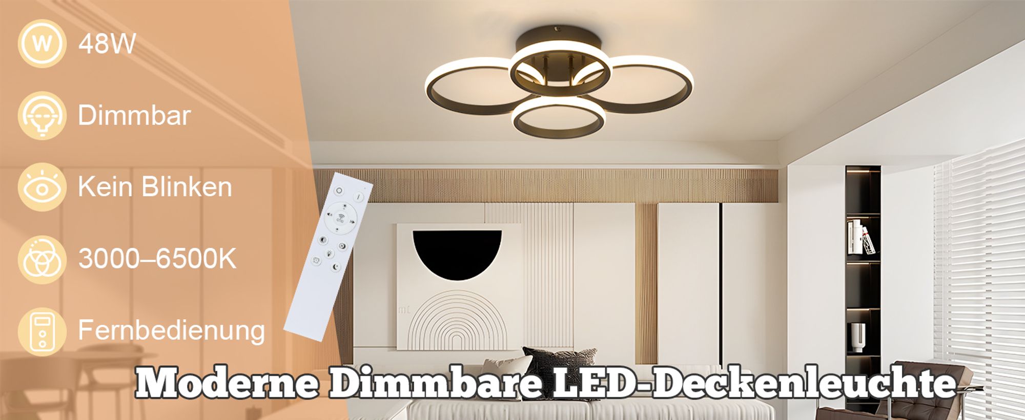 ZMH Deckenlampe LED Deckenleuchte Wohnzimmer Dimmbar Wohnzimmerlampe Modern Schwarz 48W Schlafzimmerlampe 55cm Design Deckenbeleuchtung 4-Ring Küchenlampe mit Fernbedienung für Haus Wohnung