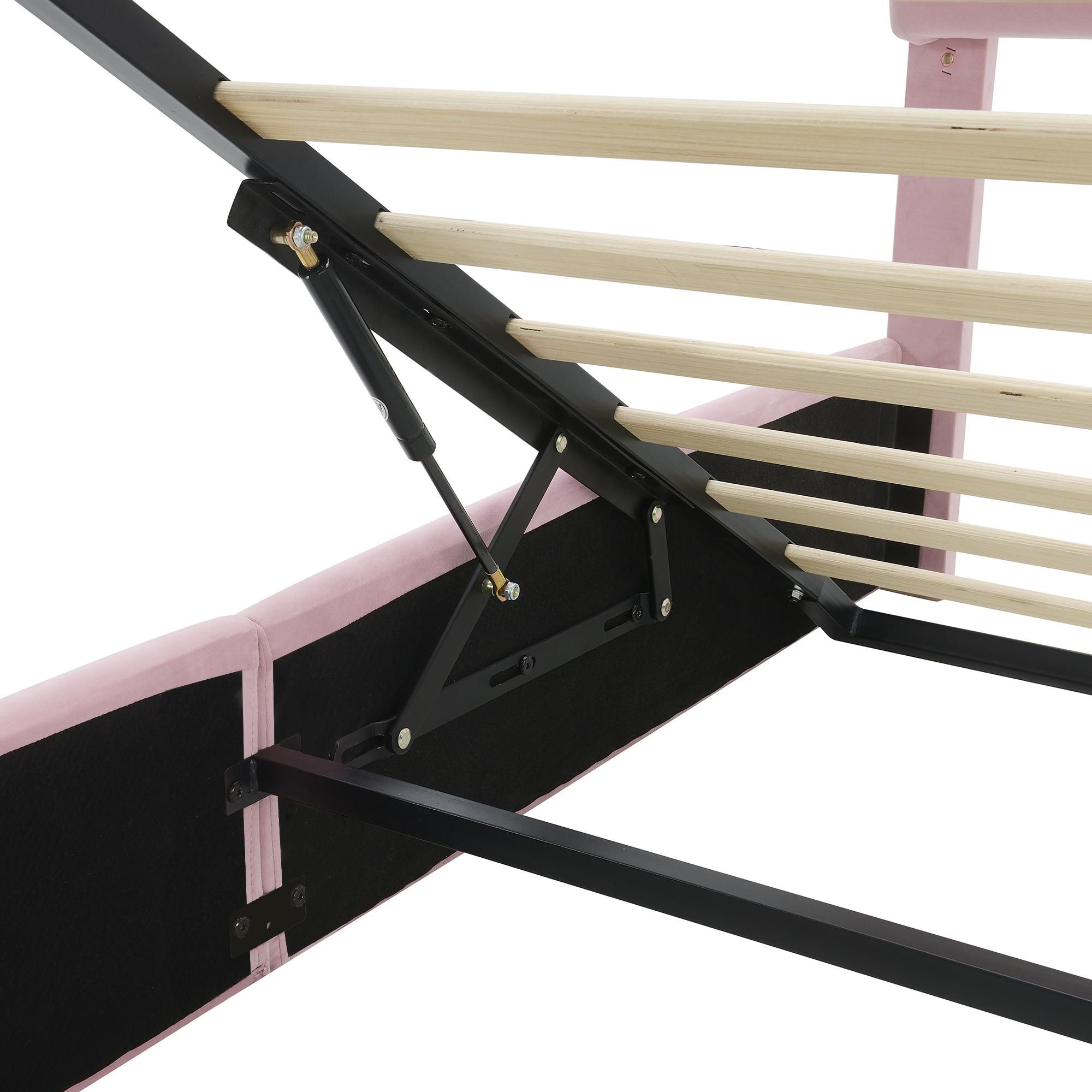 Merax Polsterbett 140x200 cm mit LED-Hasenohren und hydraulischem Bettkasten, Doppelbett mit Stauraum und 2 Aufbewahrungshockern, Samt Pink