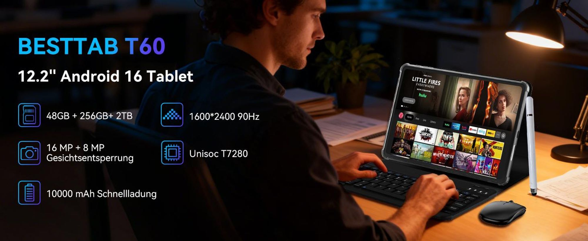BESTTAB  T60 12.2" Android 16 KI-Tablet mit 48GB(12+36) RAM, 256GB/2TB, Octa-Core & 10000 mAh Akku incl. Stift/Hülle/Maus/Tastatur/Headset