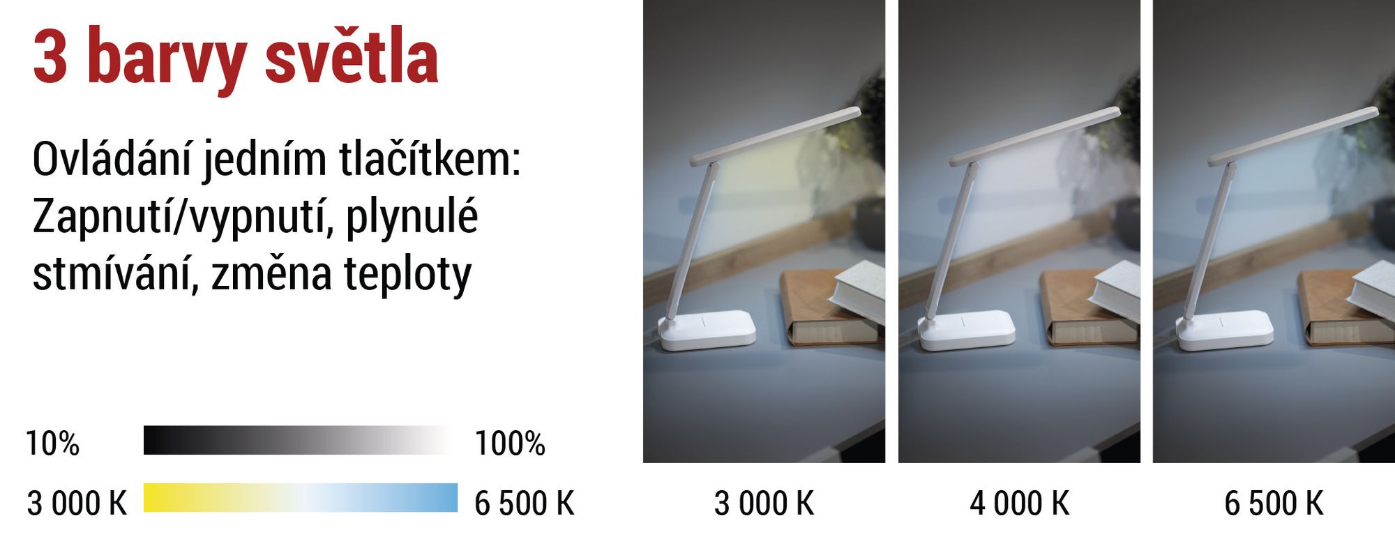EMOS LED nabíjecí stolní lampa AMY 6W, 200lm, 800mAh Li-Ion, doba svícení 35h, stojan na mobil, stmívatelná, nast. barva světla, 1,2m kabel USB, Z7631