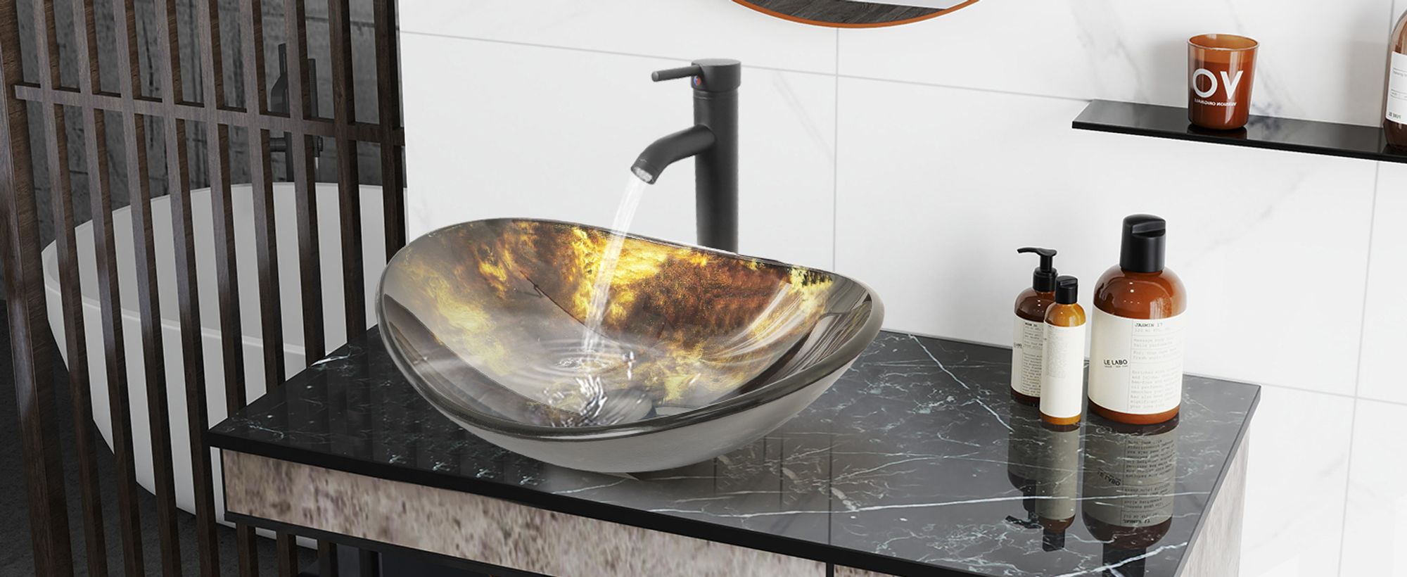 Puluomis Waschbecken Glas Aufsatzwaschbecken Waschschale Oval mit Wasserhahn Ablaufgarnitur Schwarz Gelb