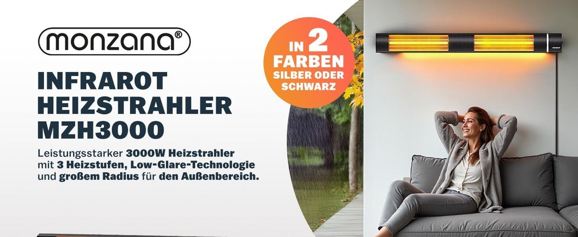 MONZANA® Infrarot Heizstrahler Goldröhre 3000W App Steuerung 3 Stufen Fernbedienung Outdoor Wärmestrahler Terrassenheizer Terrassenstrahler Silber