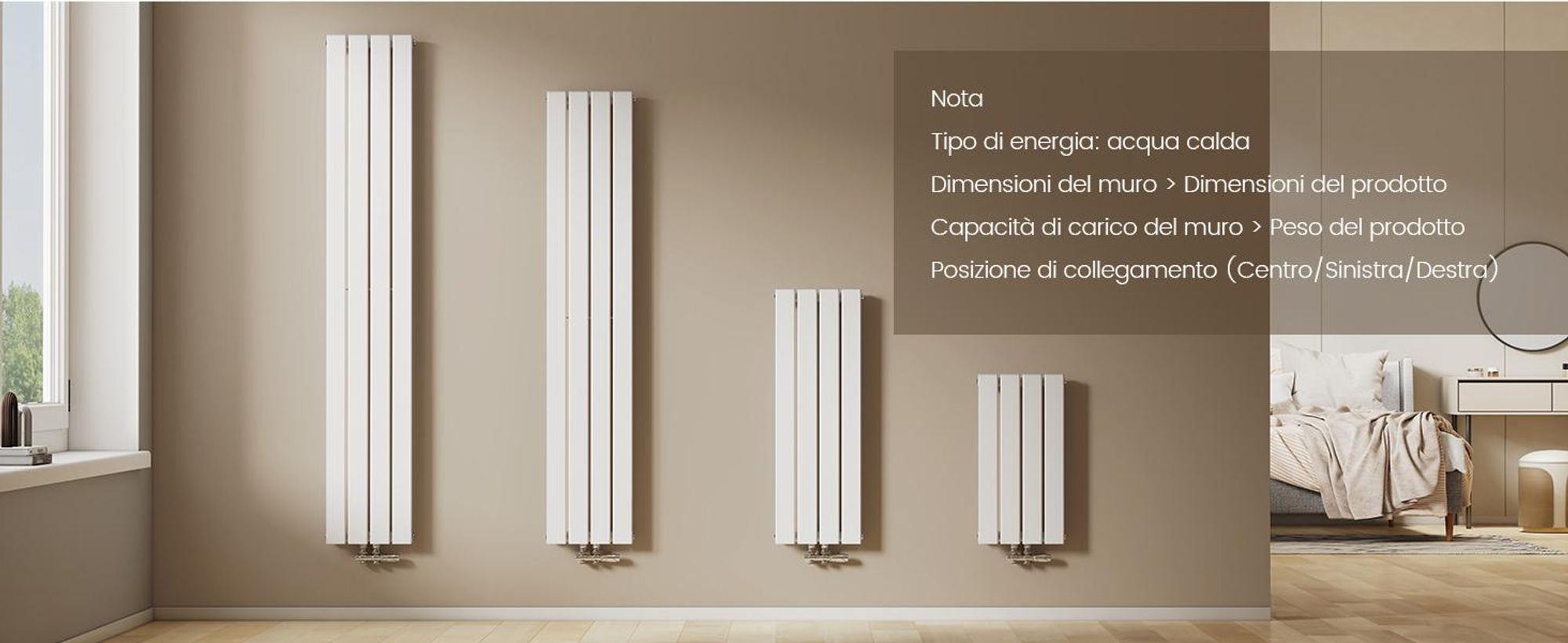 Radiatore EMKE Radiatore dal design piatto Radiatore a pannello Radiatore verticale monostrato Attacco centrale 160x30cm 501W Bianco senza elemento riscaldante