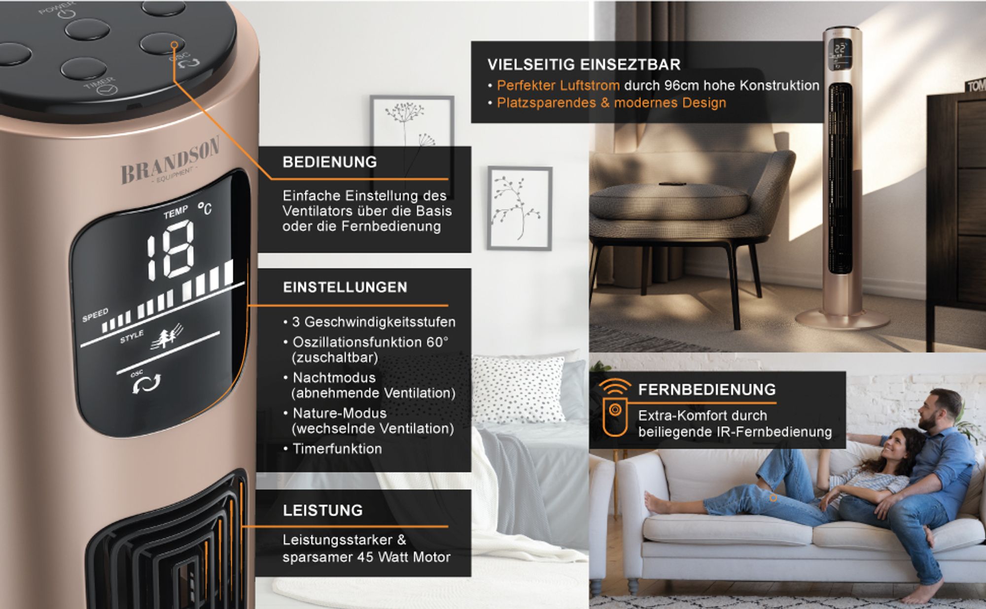 Roségoldener Turmventilator mit Digitalanzeige, Fernbedienung und modernen Komfortfunktionen