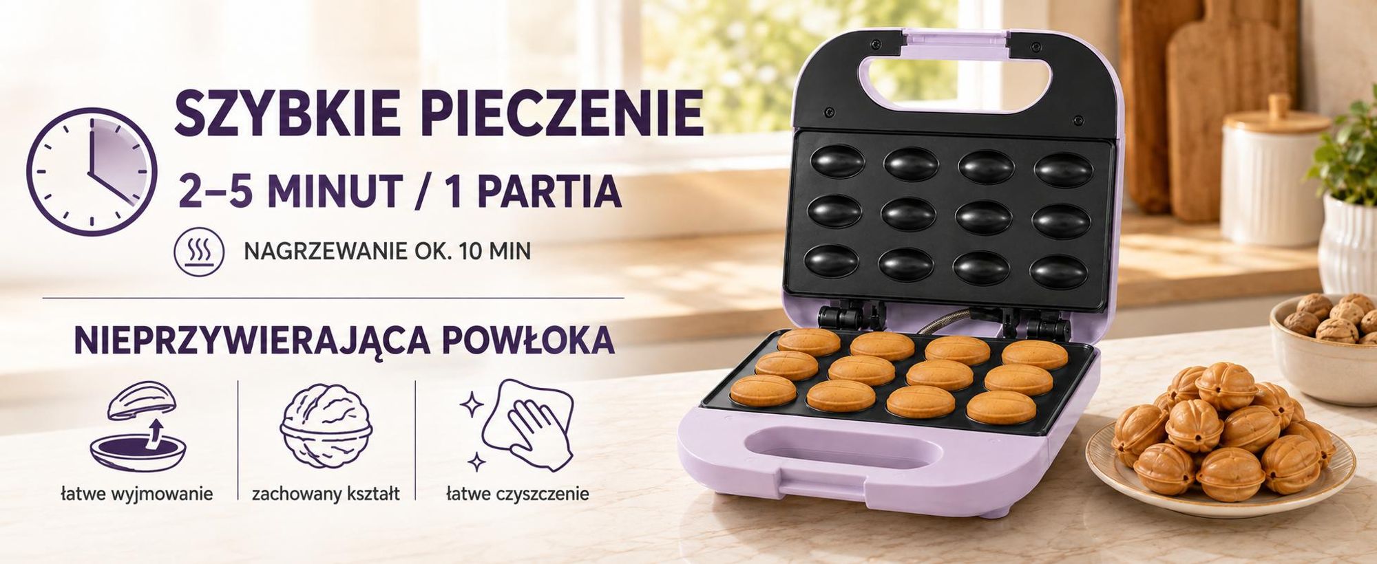 Opiekacz Do Orzeszków Foremki Ciastek 750W 12 Połówek Nieprzywierający