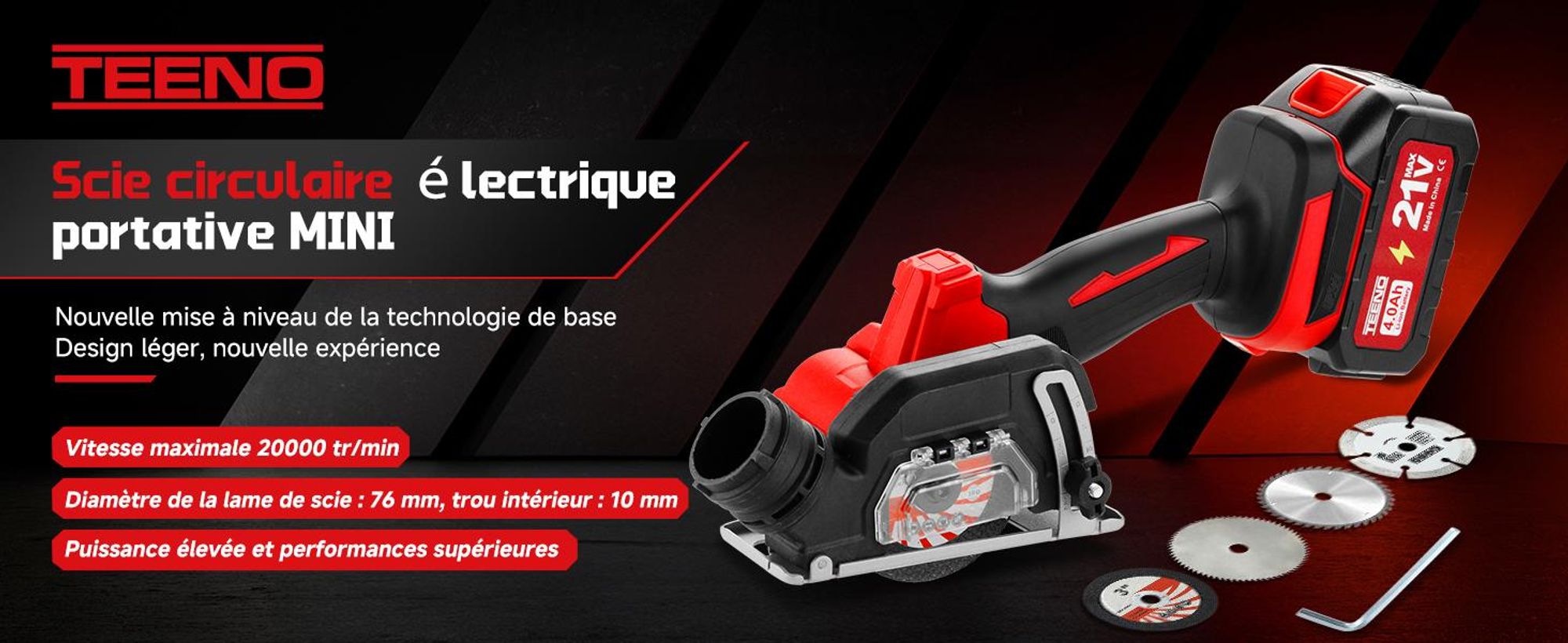 TEENO Scie circulaire sans fil, 2x4000 mAh batteries, 20000 tr/min, Mini scie circulaire, 4 lames incluses (76 mm), Pour bois