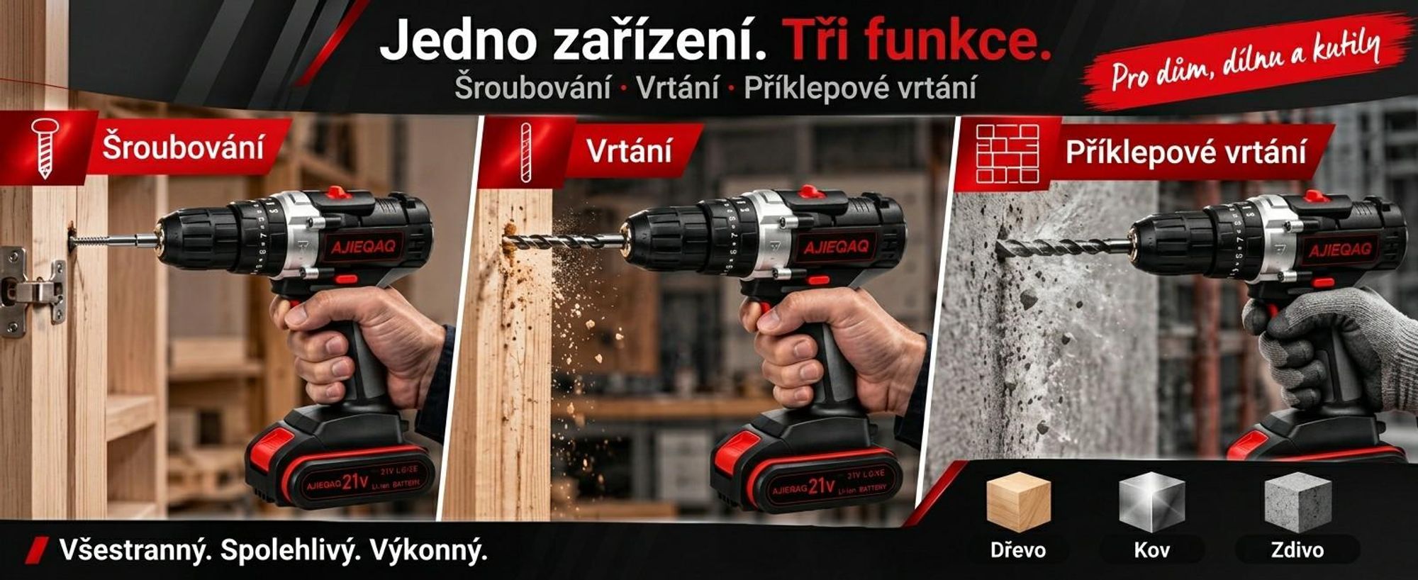 AJIEQAQ Aku šroubovák 21V Set, 3v1 aku příklepová vrtačka se 2×2,0Ah bateriemi, 45Nm, LED světlem, příslušenstvím a kufrem