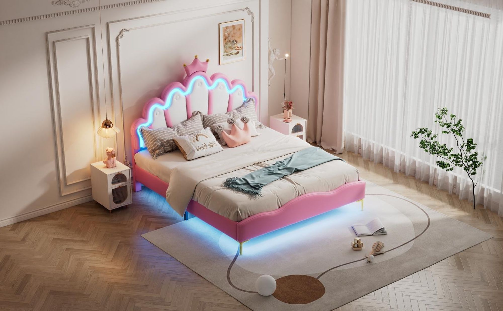 INONEFT Kinderbett Polsterbett 140x200 cm, Mädchenbett Prinzessinnenbett mit LED, Höhenverstellbares Kopfteil, Jugendbett Kronen-Design, PolyurethanRosa