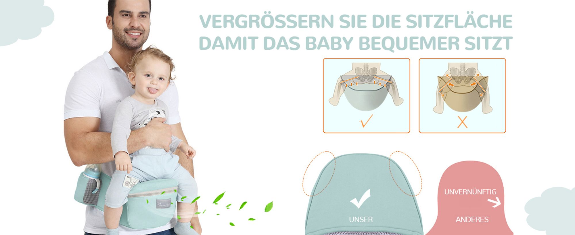 OKWISH Babytrage Bauch- & Rückentrage, Ergonomisch, für Neugeborene bis Kleinkinder (3-20kg), leicht, Baumwolle,Taillenumfang 71-118 cm, mit 3 Taschen, Grau