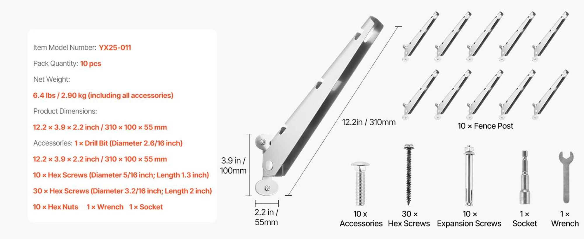 VEVOR Stacheldrahtarm, 10 Packungen 310 mm Zaunpfostenverlängerung, flach oder oberflächenmontiert, verzinkter Stahl Zaunhöheverlängerung, schützt die Privatsphäre und verhindert, dass Haustiere herausspringen, für Außenholz- und Betonzaun, 10 Pcs-310x100x55 mm