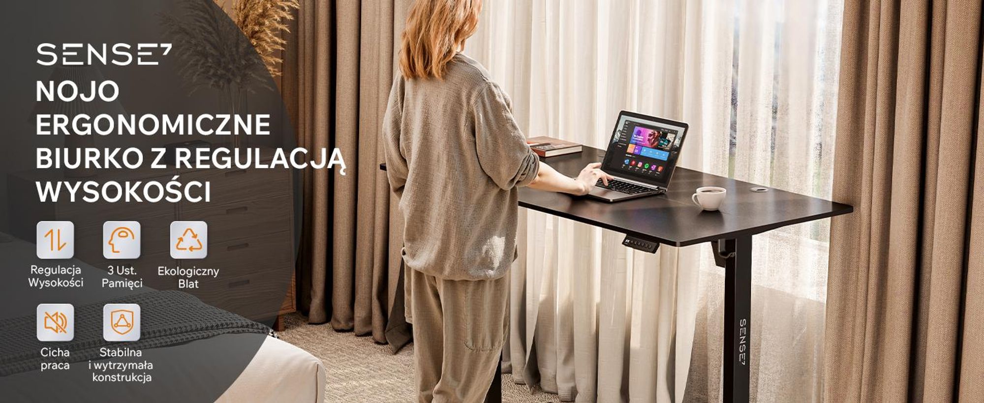 Sense7 Nojo – biurko z elektryczną regulacją wysokości, 120 cm, wygląd sosnowy, stół do gier, funkcja pracy na stojąco i siedząco, pamięć, ergonomiczny stół komputerowy, biała rama