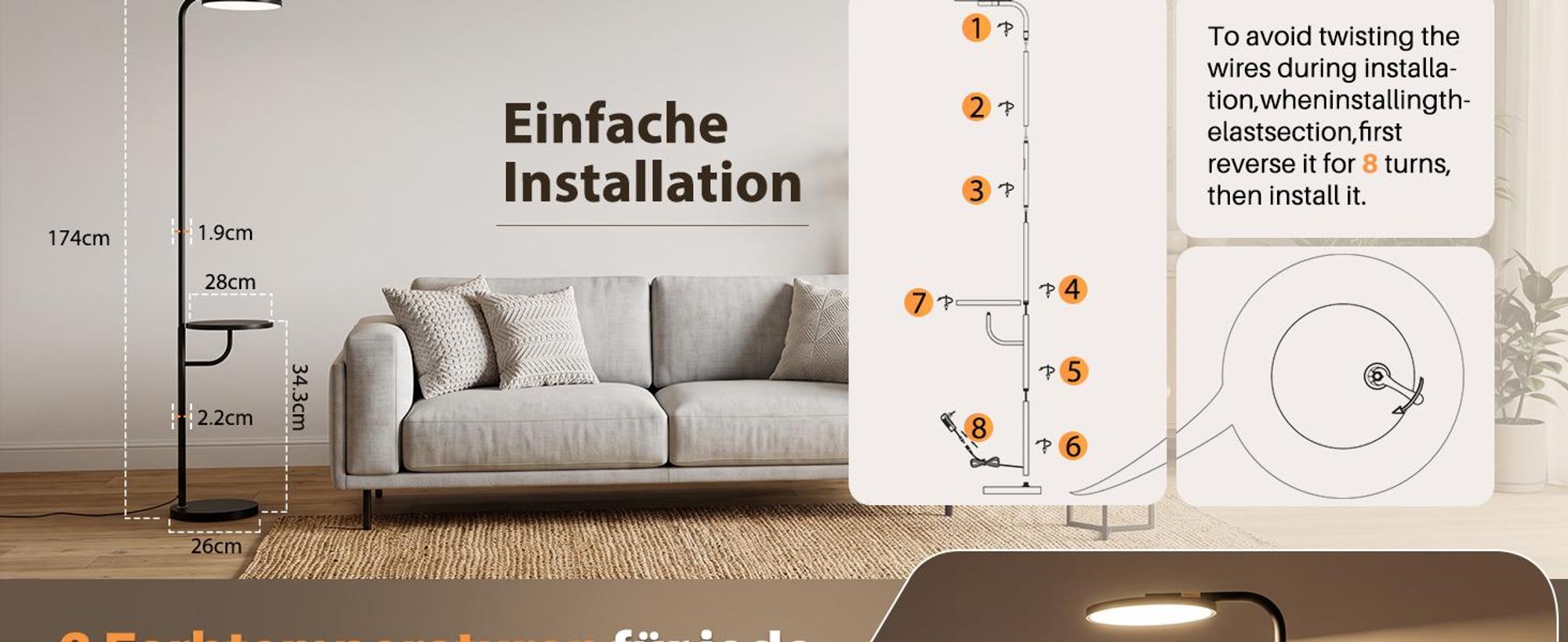 ZMH LED Stehlampe Wohnzimmer 30W Schwarz mit Tisch Fernbedienung 174cm Leselampe Stehleuchte dimmbar 3000K-6500K moderne Bodenleuchte für Wohnzimmer
