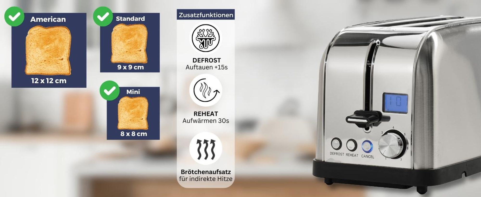 Sommertal Toaster ST1500 XXL, 4 Scheiben mit Brötchenaufsatz, Display mit Timer und Restlaufanzeige, Langschlitztoaster Restlaufzeit, Retro Design Langschlitz Edelstahl 1500W