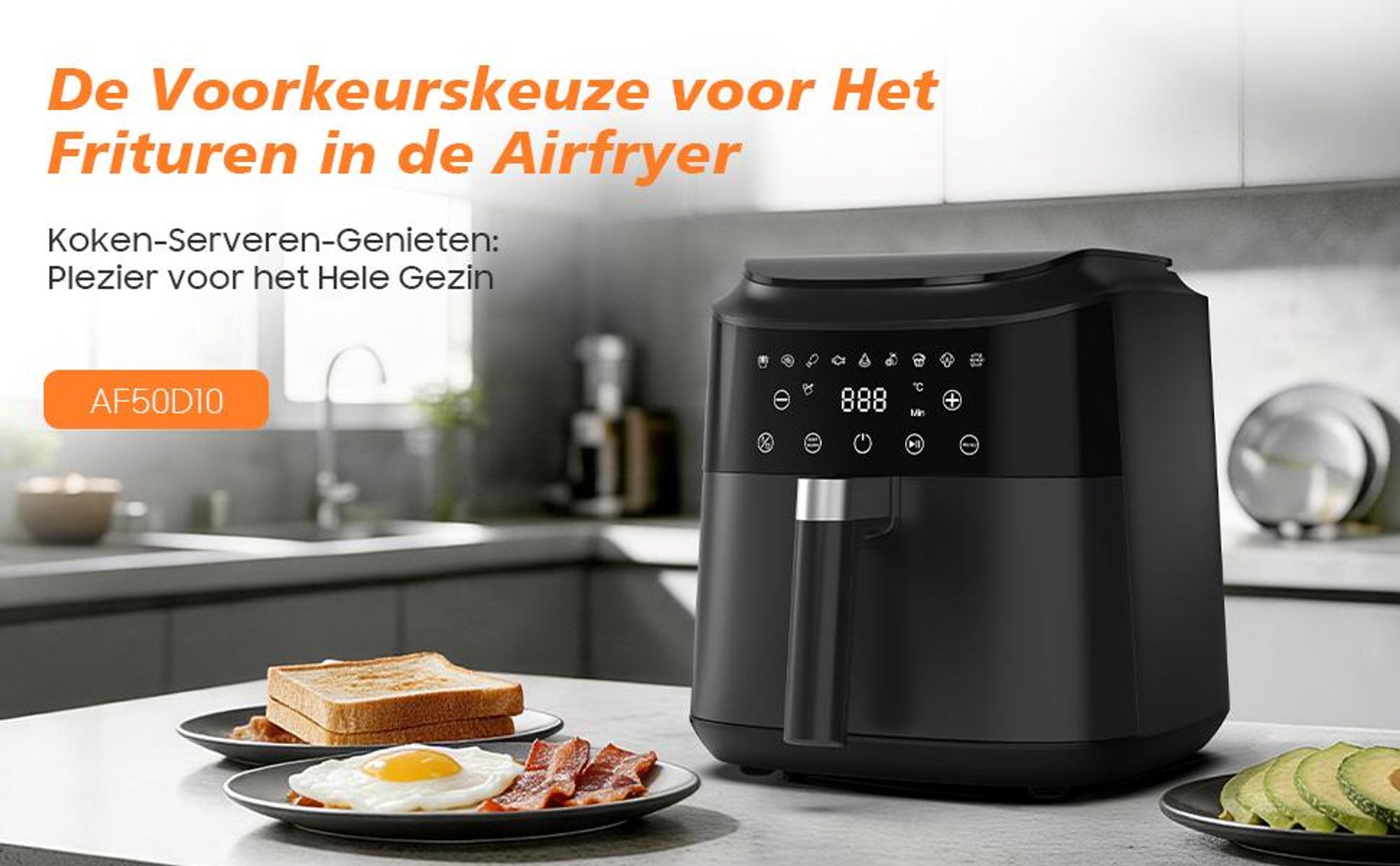 Heteluchtfriteuse, 6 liter, 9 kookprogramma's, temperatuurbereik 40–200 °C, warmhoudfunctie, antiaanbaklaagmandje vaatwasserbestendig