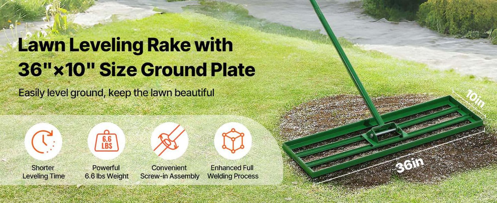 VEVOR Rasenebene-Rake, 30"x10" Rasenwerkzeug, Schwerlast-Rasenebner mit 78" Stahlverlängerungsgriff, Rasenebene-Rake geeignet für Garten, Golfplatz, Bauernhof, Legierung-10x36 Zoll