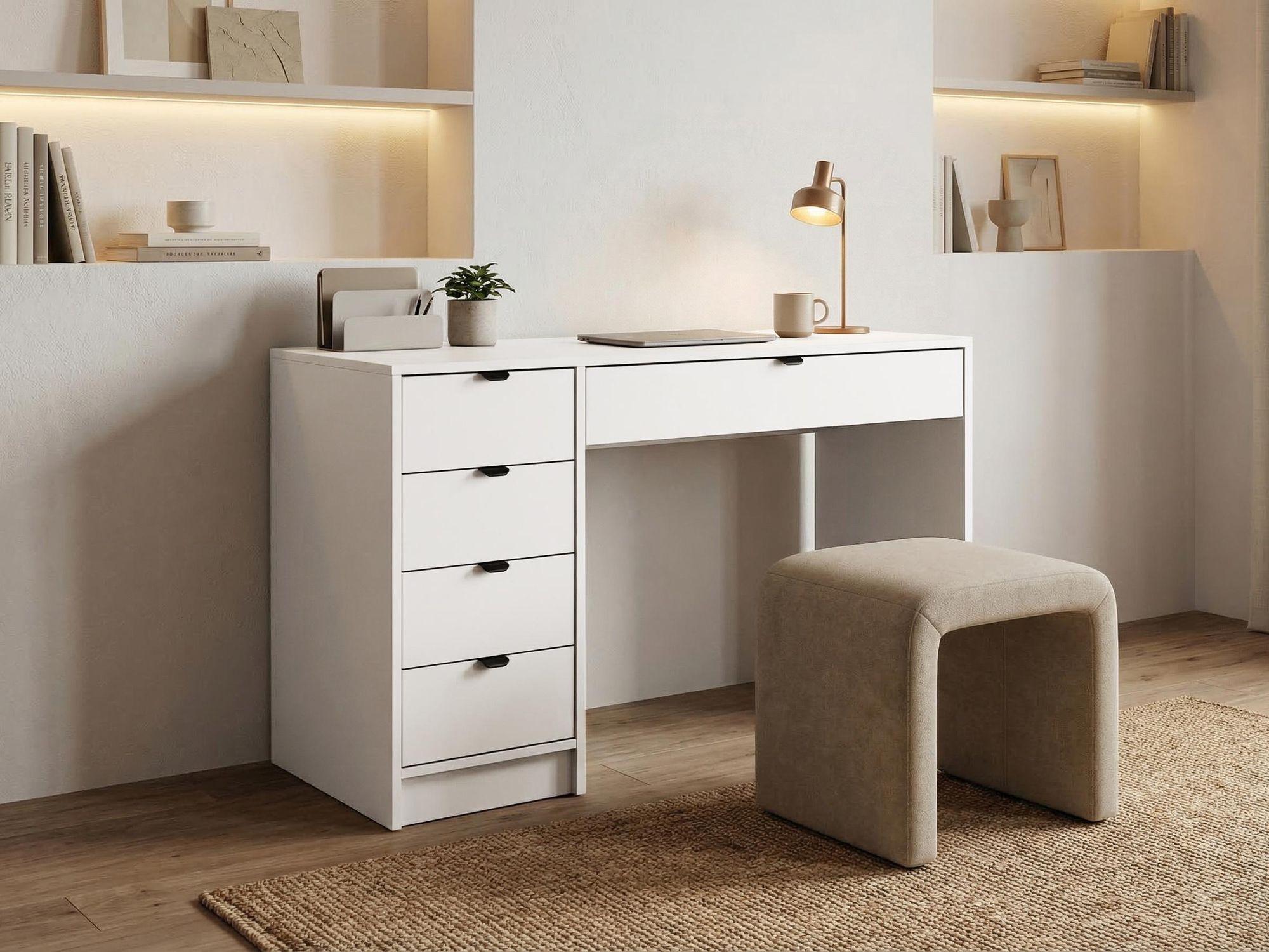BEAUTYSOFA | Schminktisch MALTA Weiß 120 cm mit Griffe, 5 Schubladen, flexibel rechts/links montierbar – Moderner Bürotisch, funktionaler Arbeitstisch