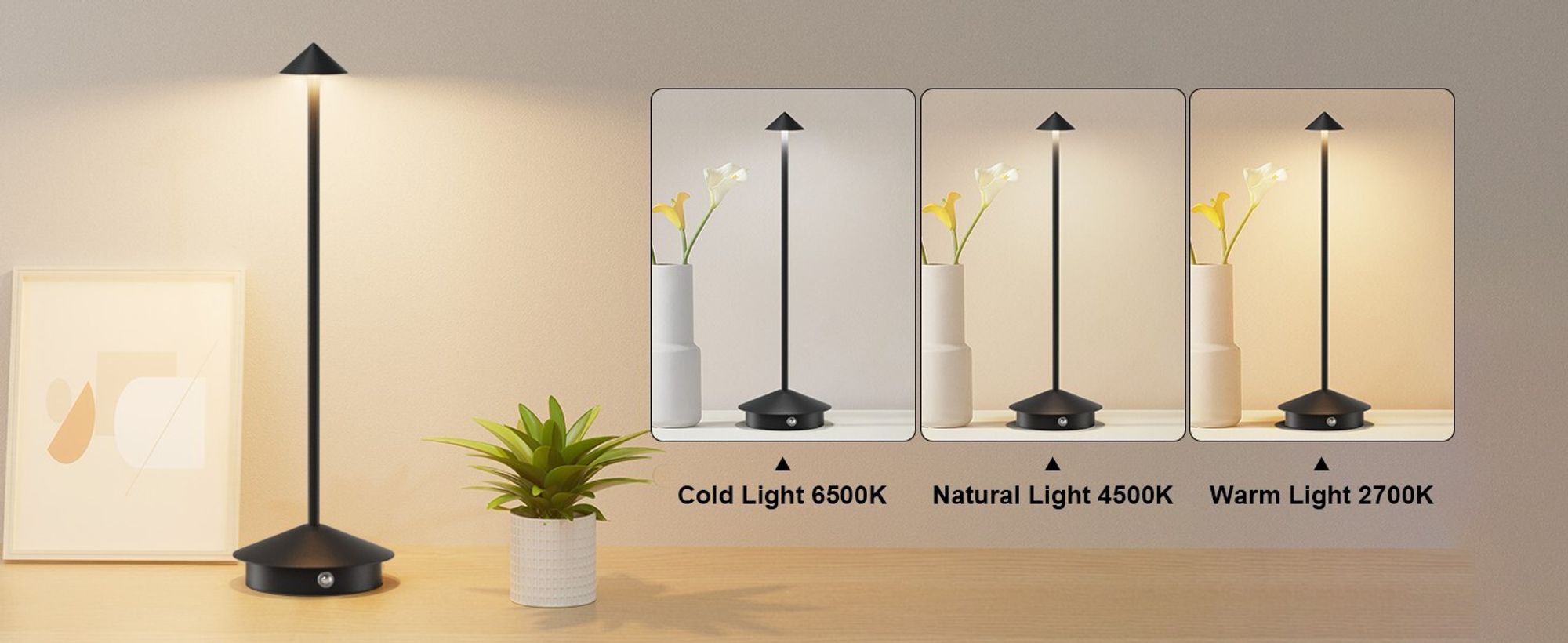 LED Nachttischlampe Kabellose Dimmbare LED Tischleuchte Tischlampe, Stufenloses Dimmen in drei Farben, Tragbare USB Aufladbar kabellose lampe, Schwarz