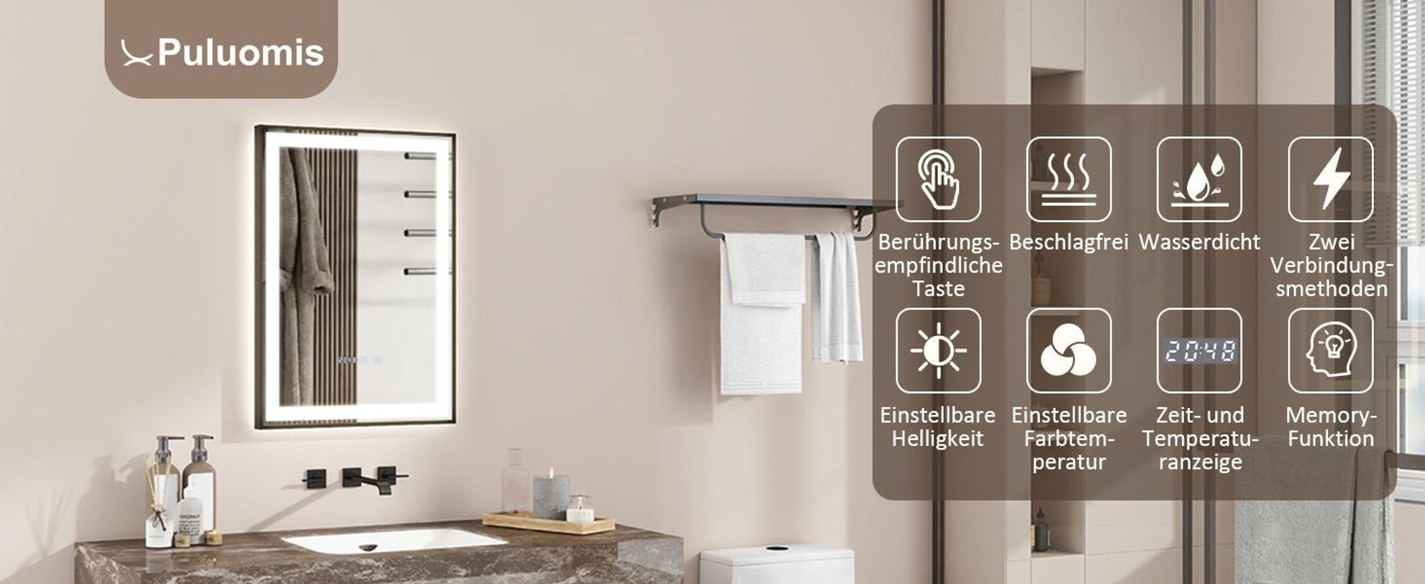 Puluomis Badspiegel 50x70 beschlagfrei mit 3 Farbe Beleuchtung, dimmbare Helligkeit, Badezimmerspiegel mit Digitaluhr, Temperatur schwarz