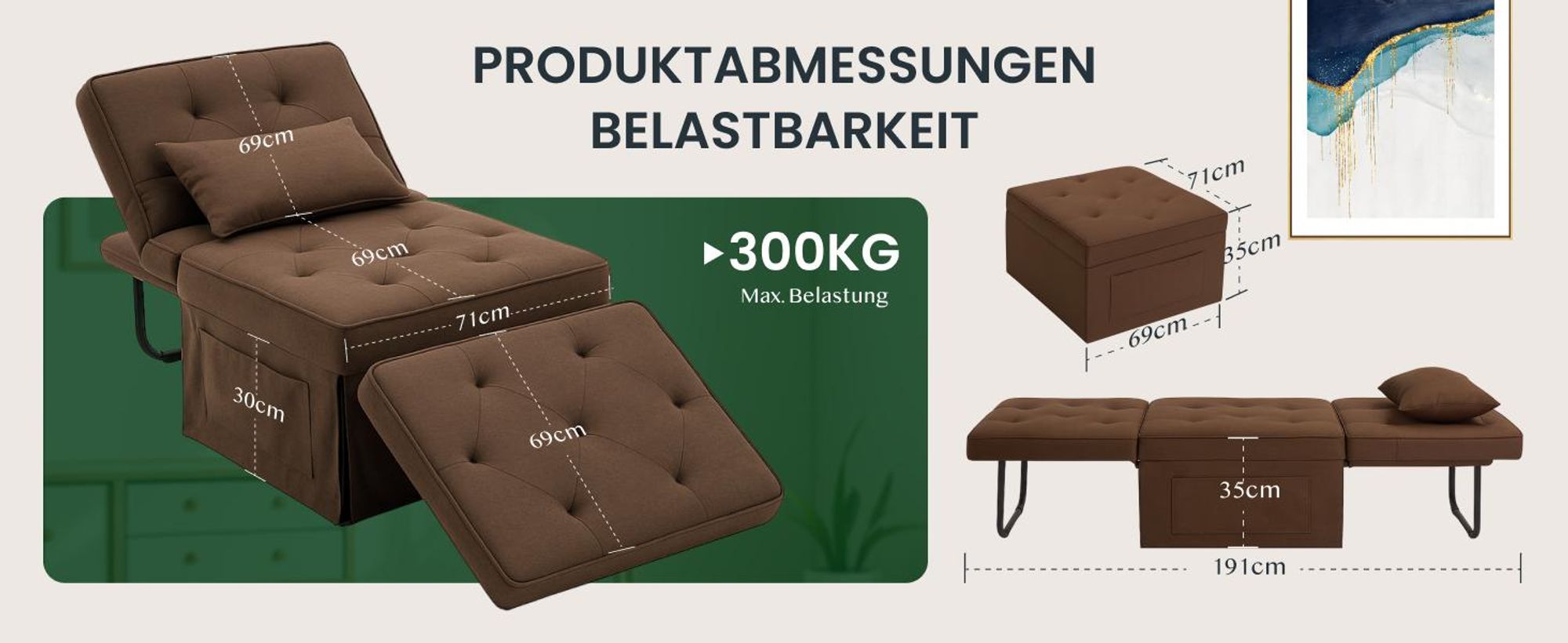 FLEXISPOT 4-in-1 Schlafsofa Klappbett Einzelsofa mit klappbarem Hocker, Kissen & 6-fach verstellbarer Rückenlehne, Schlafsessel für Gästezimmer Khaki