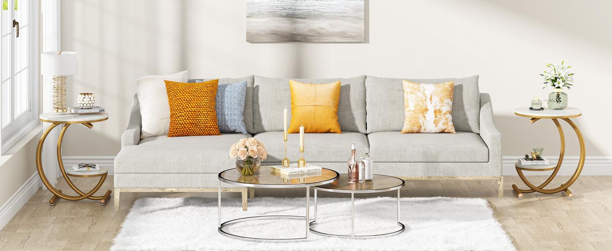Tribesigns Beistelltisch aus Kunstmarmor, moderner 2-stöckiger runder Couchtisch mit C-förmigem Rahmen für Wohnzimmer, Schlafzimmer, Weiß/Gold