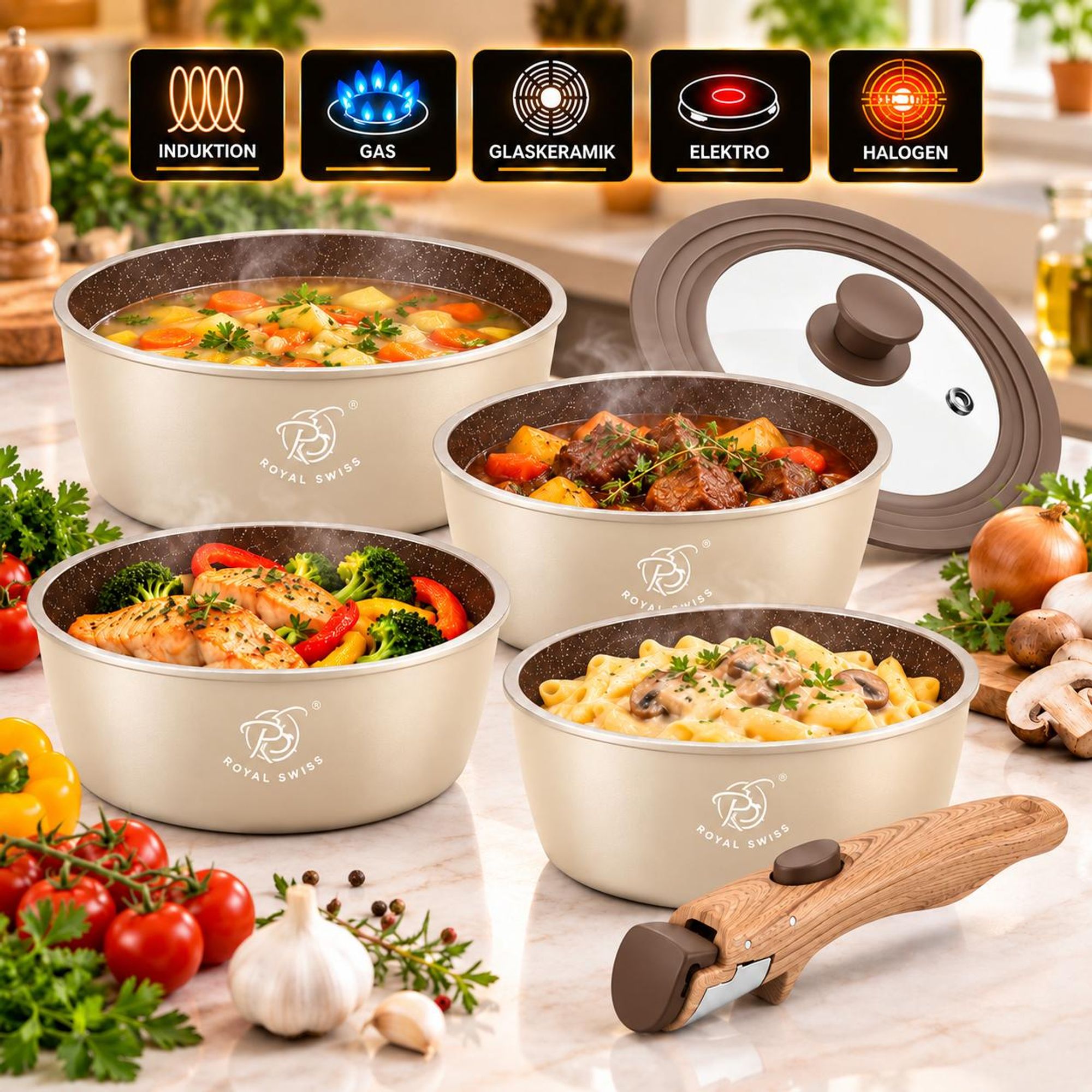Topfset 6-teilig mit abnehmbaren Griffen Edelstahl Induktion Royal Swiss