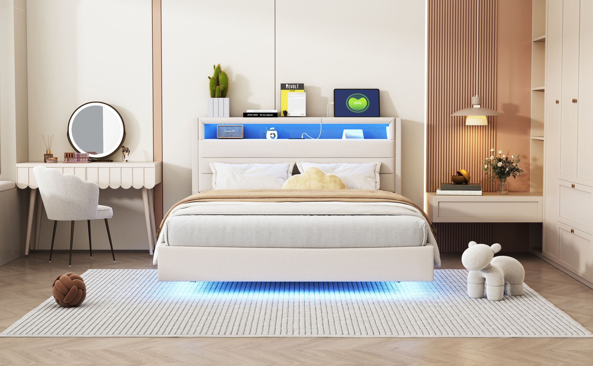 okwish Polsterbett Doppelbett 140 x 200 cm mit USB-Ladeanschluss und LED-Beleuchtung, Funktionelles Stauraumbett mit Kopfteil mit Stauraum(Ohne Matratze)- Grau