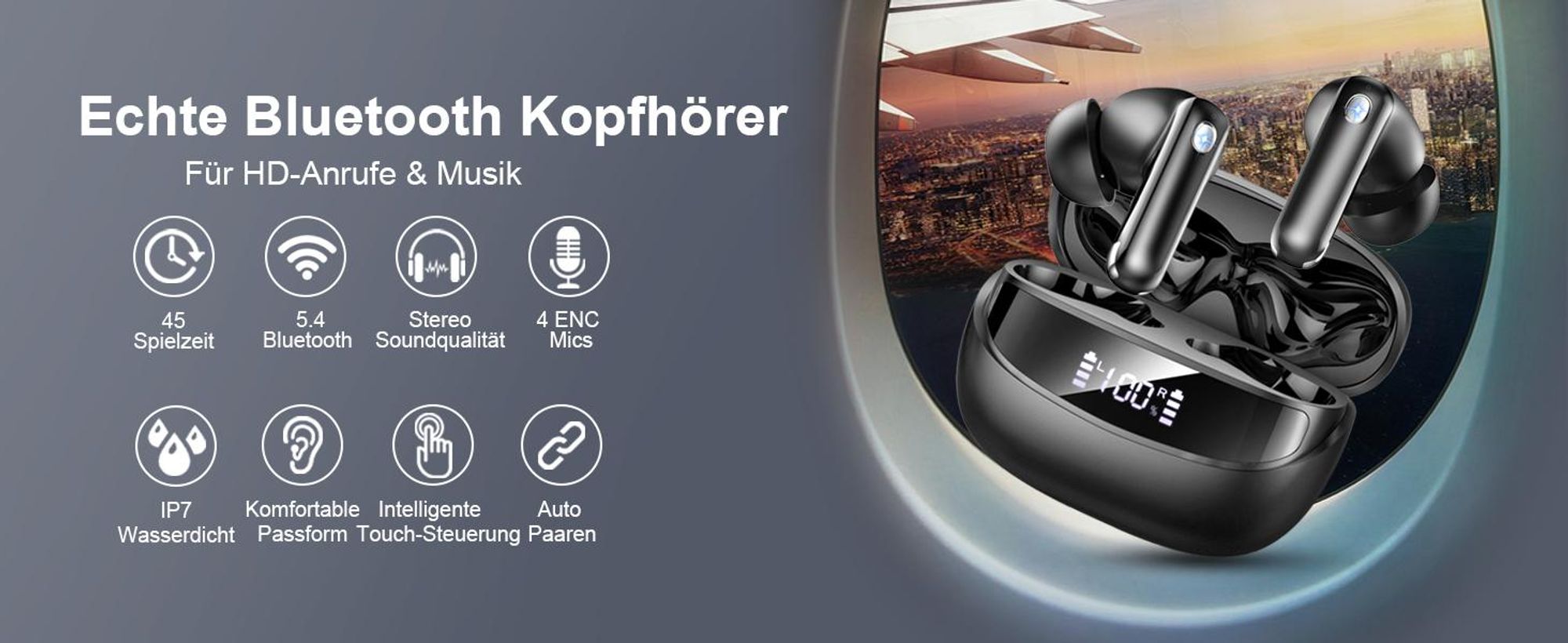 Bluetooth Kopfhörer, In Ear Kopfhörer, HiFi Stereo, Bluetooth 5.4, mit ENC Noise Cancelling Mic, 50 Std Spielzeit, mit 2D Bass LED-Anzeige