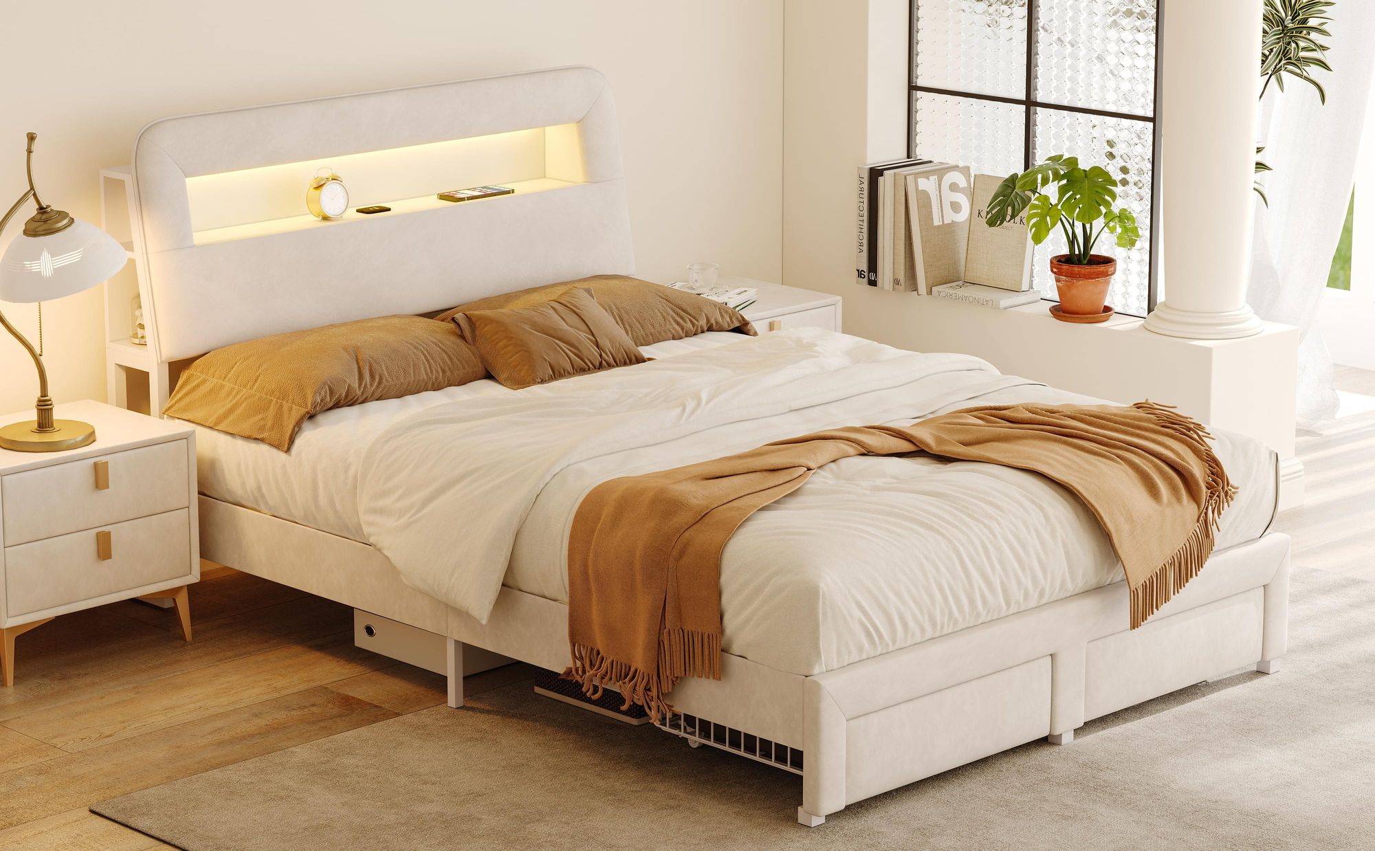 INONEFT Polsterbett 140x200 cm mit LED, Doppelbett Boxspringbett mit USB Ladestation & 2 Schubladen, Bettgestell mit Lattenrost, Beige, Samt.