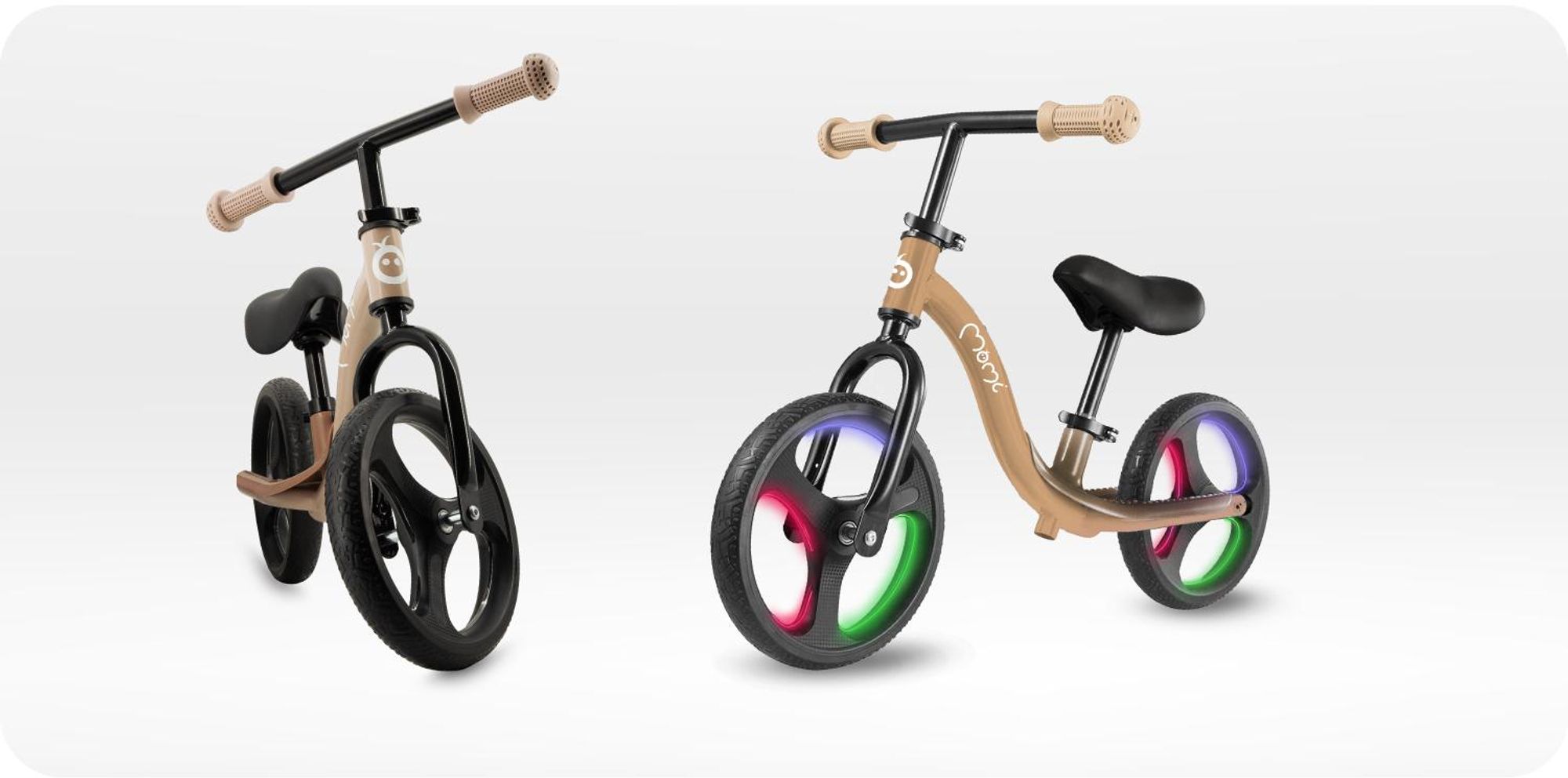 MoMi ISOKA – 10 Zoll Laufrad mit LED-Leuchten (Dynamo), höhenverstellbar ohne Werkzeug, mit Fußstütze, ab 2 Jahren, bis 35 kg – Beige