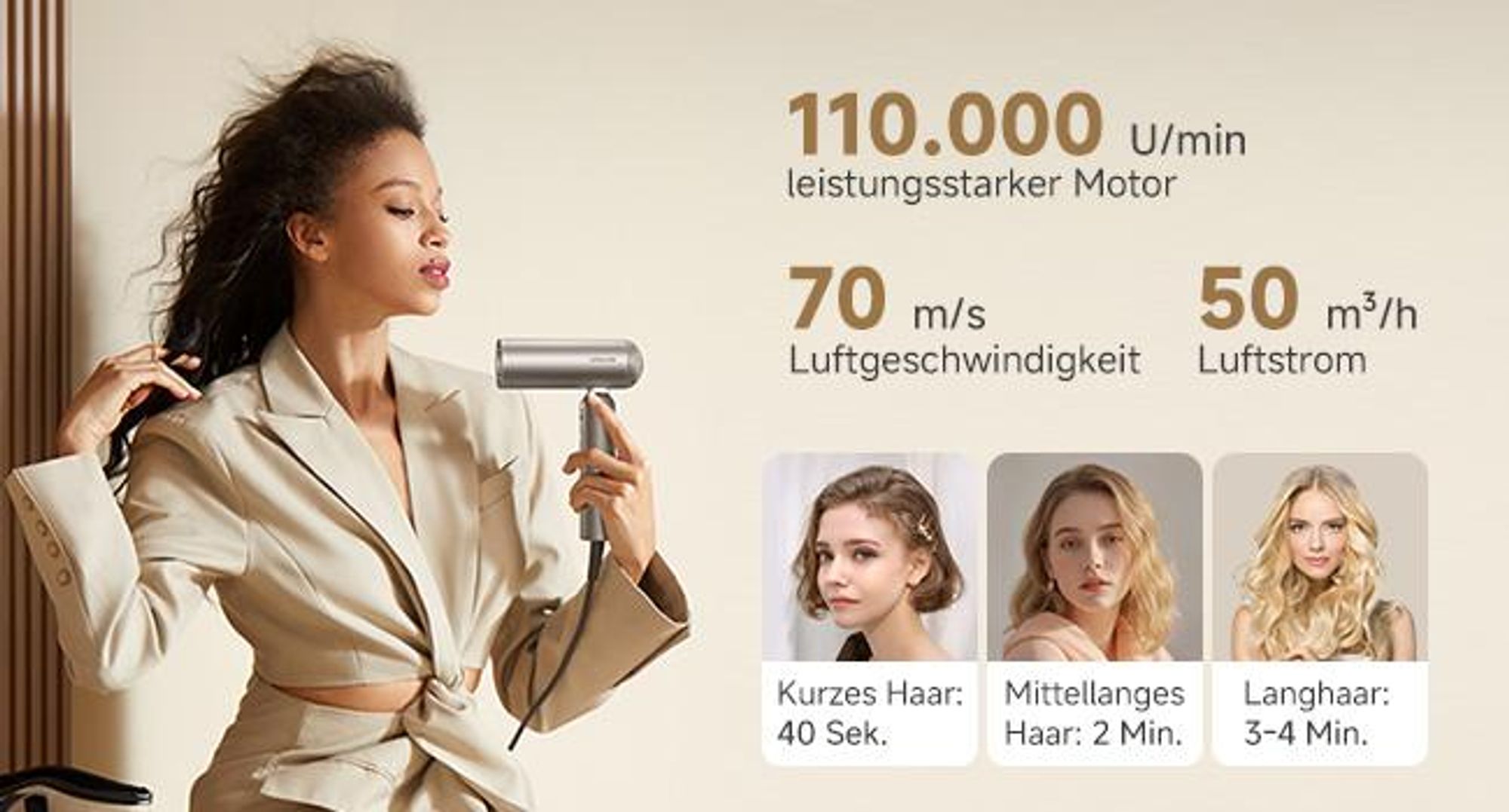 DREAME Pocket Pro Haartrockner,3 klappbare Formen,300g,110K U/min Motor,300M negative Ionen/cm³,konstant 57°C,40s NTC-Trocknung,2026 Neue Version,Gold
