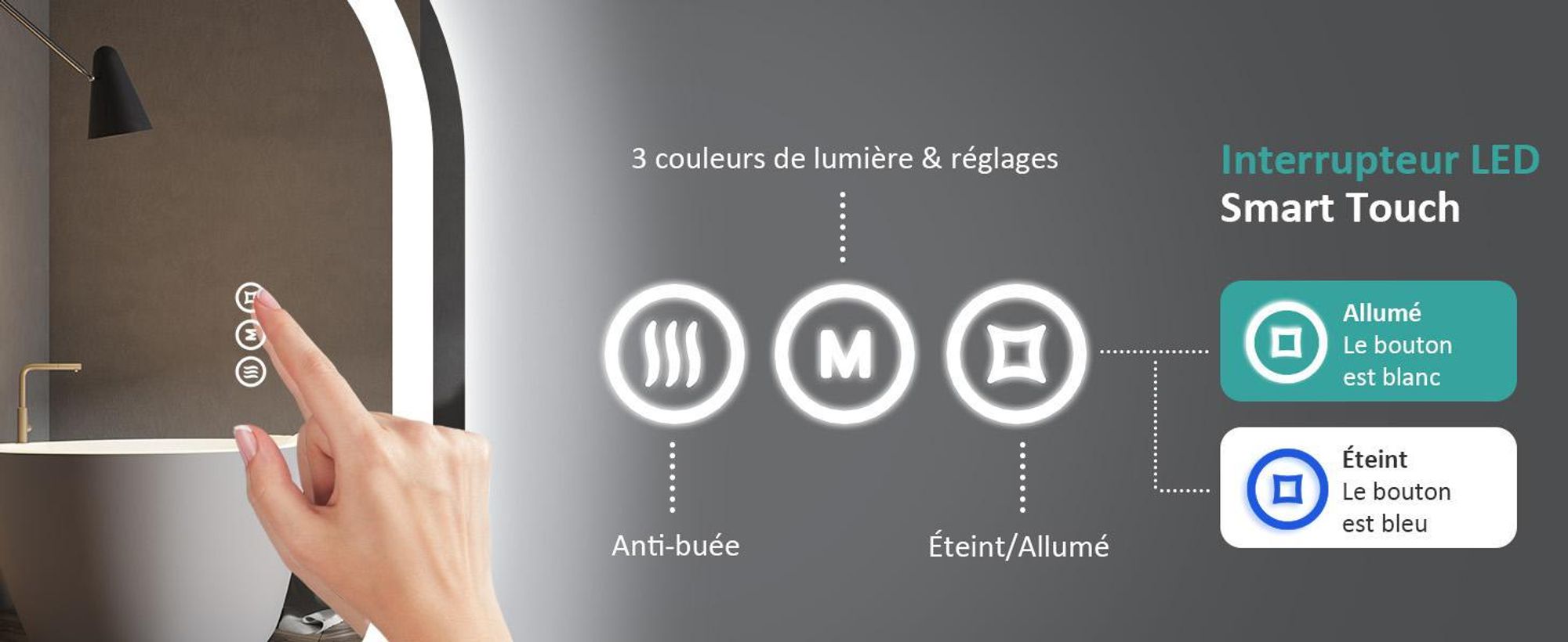 EMKE Miroir de salle de bain LED 80x60cm antibuée éclairage 3 couleurs de lumière miroir de salle de bain miroir mural avec interrupteur tactile réglable lumière