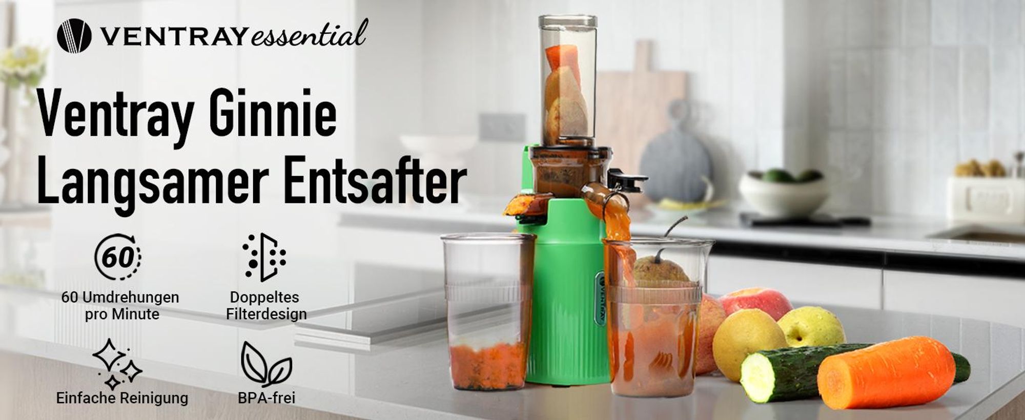 Ventray Essential Ginnie Juicer – Cold Press Slow Juicer, Kompakt & Leise (60 U/min, 45 mm Einfüllöffnung), BPA-frei, Sicherheitsverschluss, 400 ml