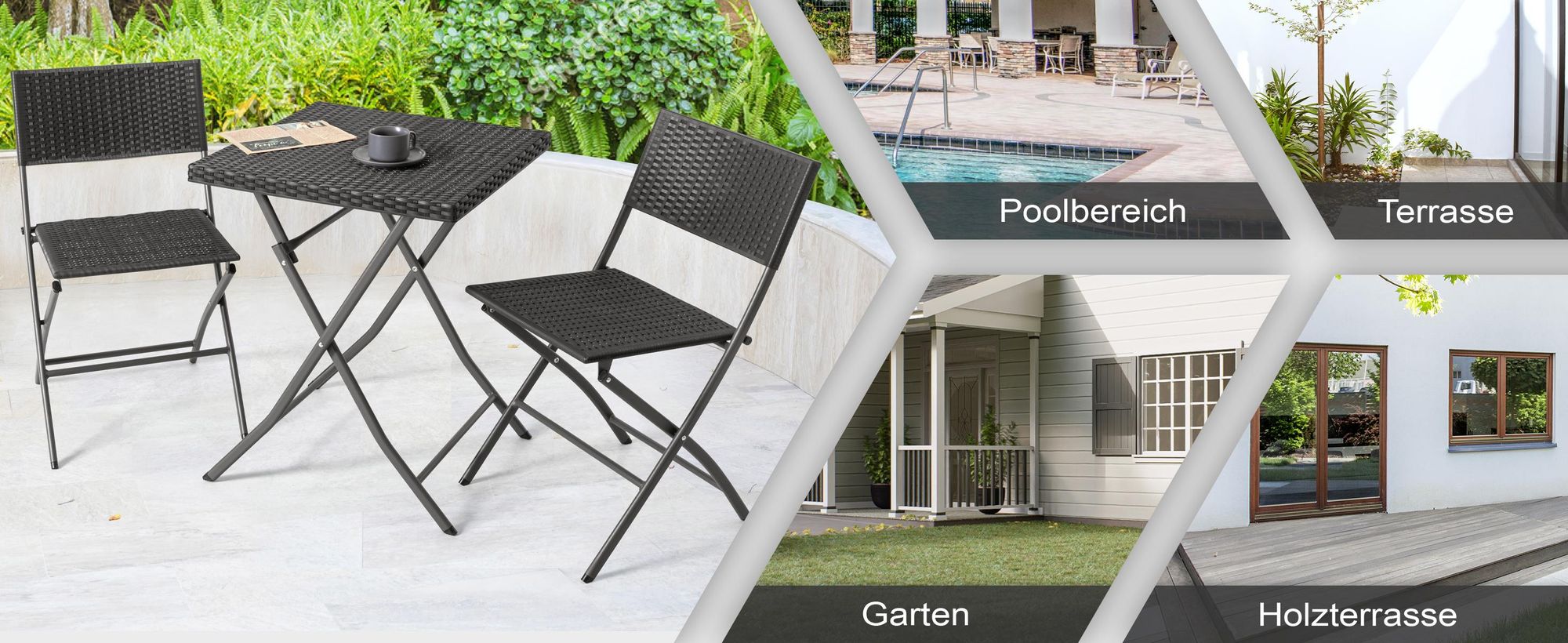 Avestar Bistroset für 2 Personen, klappbares Gartenmöbelset, wetterfestes PP-Rattan, Klapptisch mit 2 Klappstühlen, Schwarz