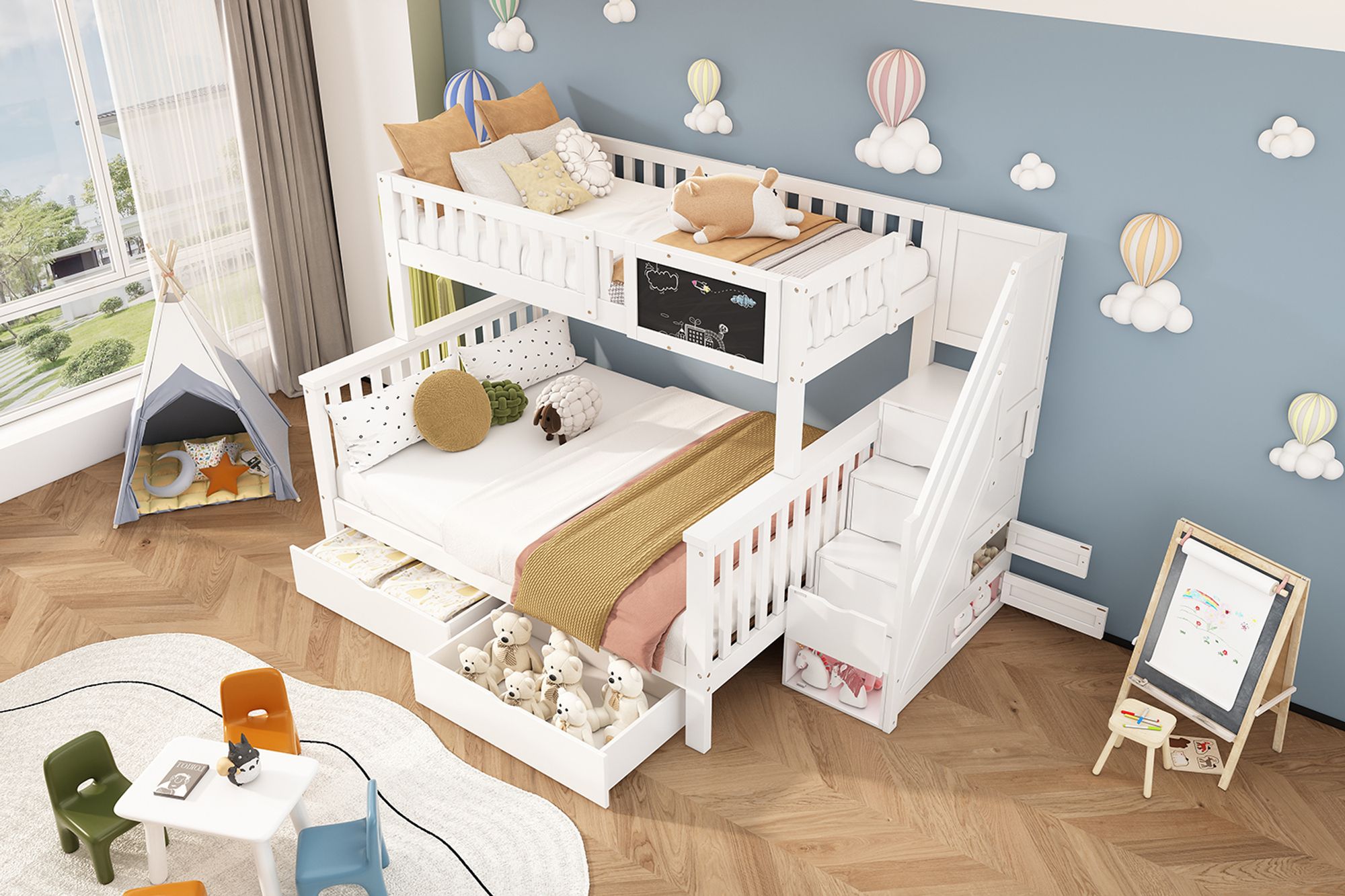 Flieks Etagenbett mit Treppe, Kinderbett 90x200cm/140x200cm mit Lattenrost, Hochbett mit Rausfallschutz, Massivholzbett Stauraumbett mit Schubladen, Weiß