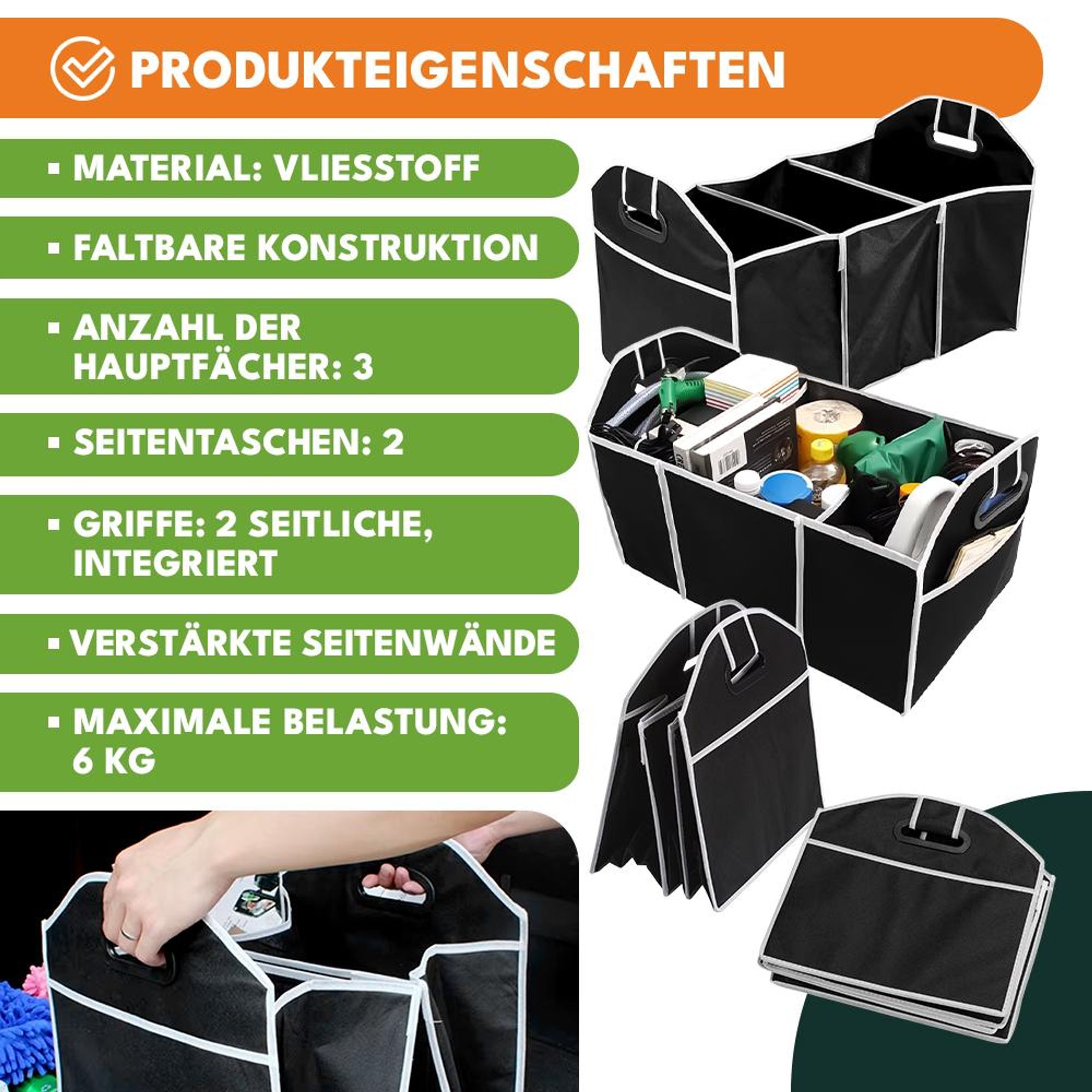 KRUMAD Kofferraum Organizer faltbar, stabiler Auto Organizer für Kofferraum, Einkauf & Camping, leichte Aufbewahrungsbox mit Griffen, schwarz