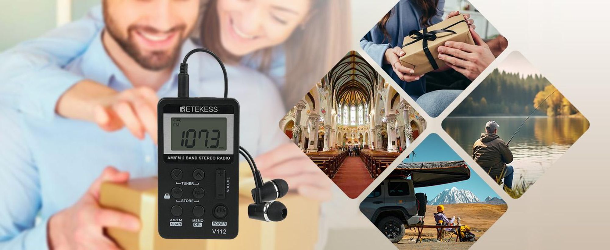Retekess V112 Radio, mini Radio mit Kopfhörer, Batteriebetrieben, FM AM,Schlaftimer,Wiederaufladbar,LCD,500mAh Akku, für Laufen, Reisen, Angeln