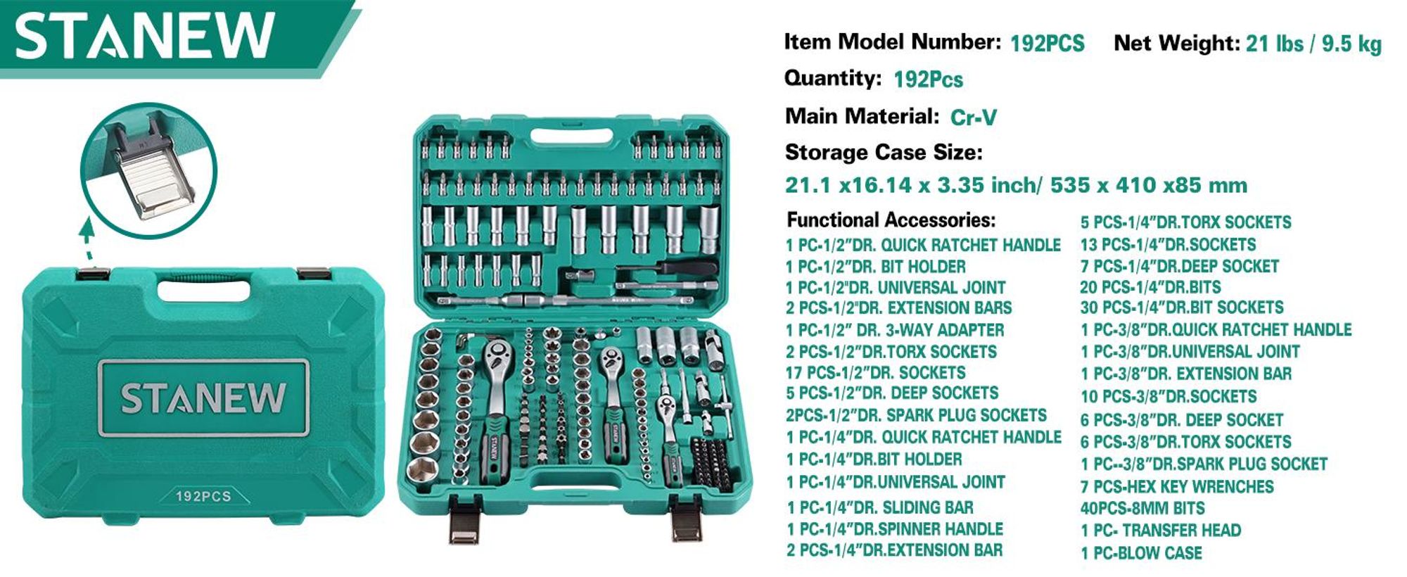 STANEW 192-teiliges Profi-Steckschlüssel-Set, 1/4 Zoll, 3/8 Zoll, 1/2 Zoll, CR-V, inkl. 3 Schnellspann-Ratschenschlüsseln, Standard/Tief/E-Torx-Steckn