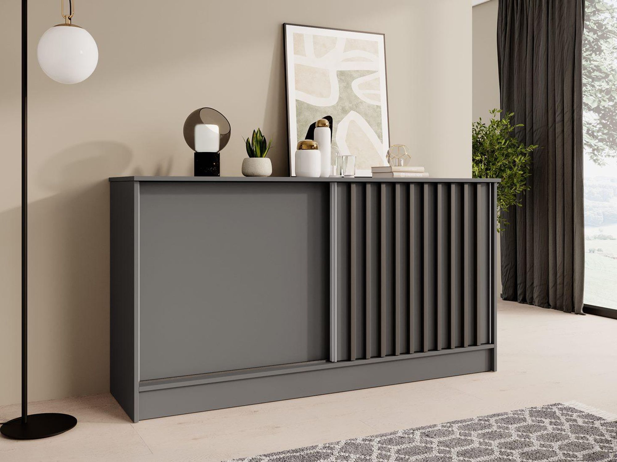 BEAUTYSOFA | Kommode HORIZON 160 cm Graphit, Schwarz mit Lamellen Sideboard mit 2 Schiebetüren, Modernes Design, viel Stauraum