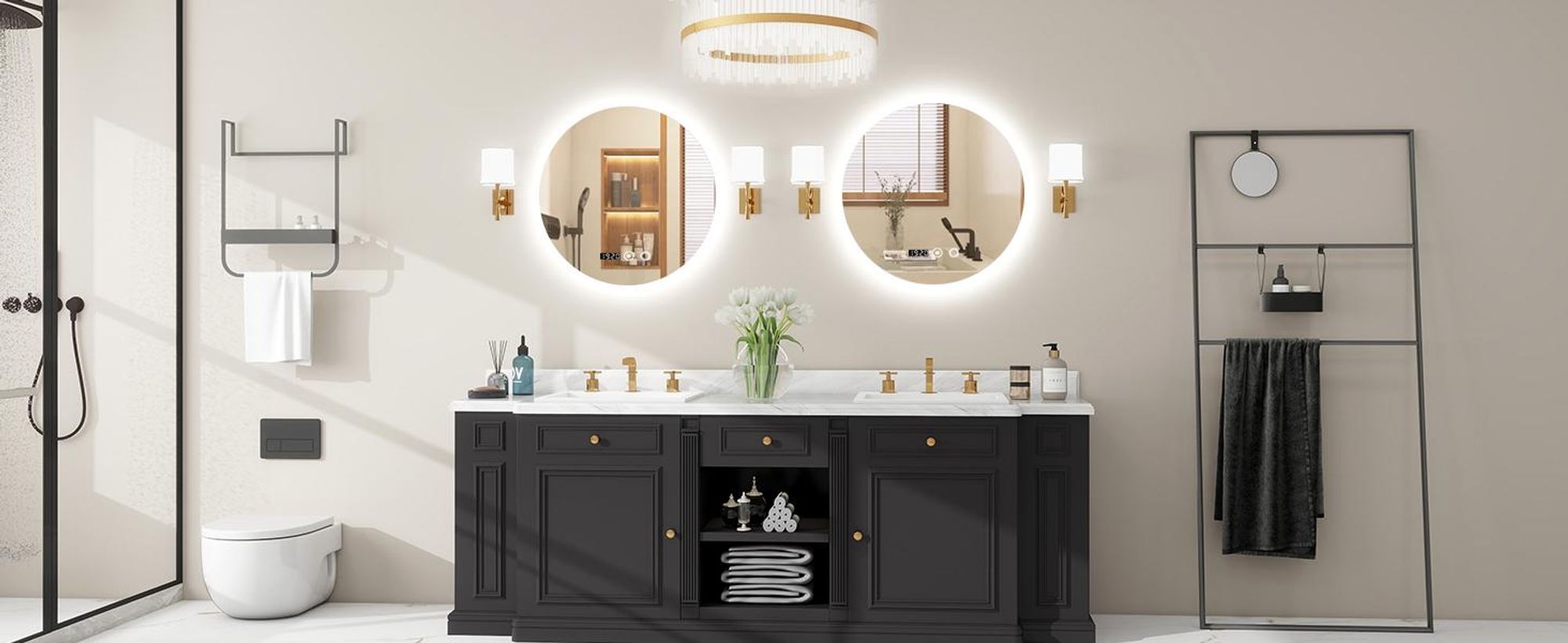 Puluomis Badspiegel beschlagfrei 50cm mit Uhr Temperatur, 3 Farbe dimmbare Helligkeit LED Beleuchtung,Badezimmerspiegel 6500k spritzwassergeschützt