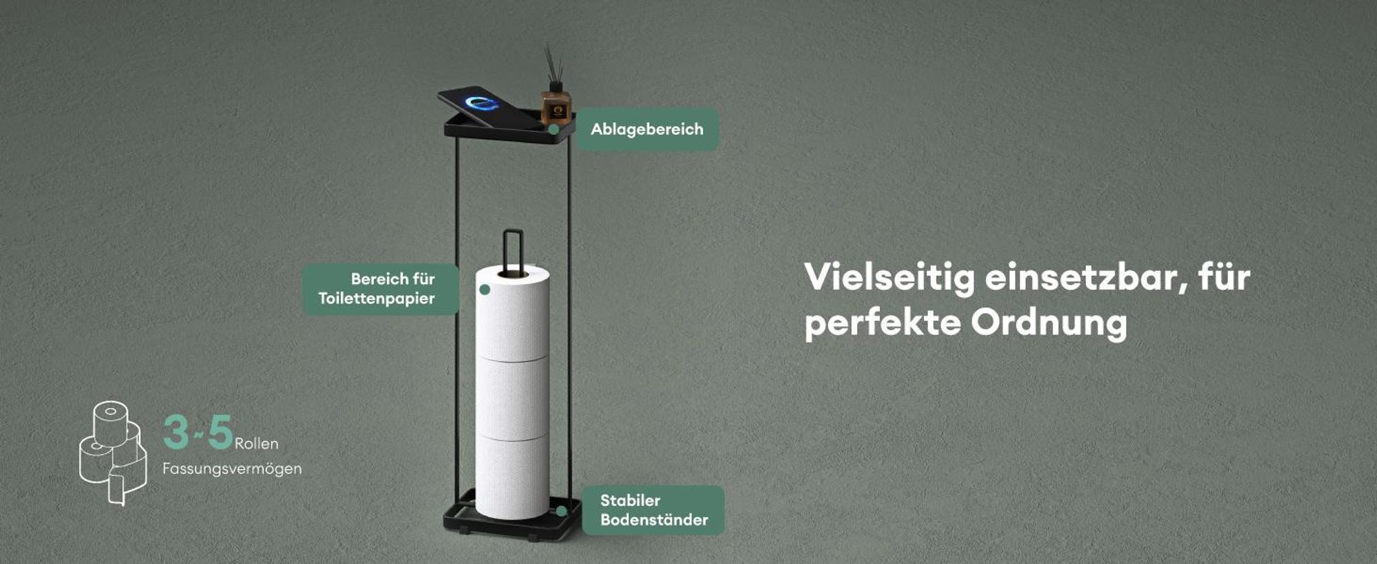 Mai & Mai Toilettenpapierhalter stehend mit Ablage Klorollenhalter Klopapierhalter freistehend WC Rollenhalter Toilettenständer Matt schwarz Reglo-04