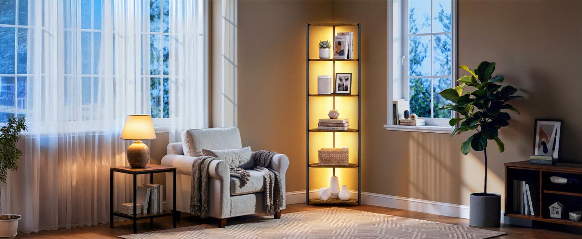VASAGLE Bücherregal mit LED-Beleuchtung, 6-stufiges Eckregal aus Stahl, für Arbeitszimmer, Wohnzimmer, Schlafzimmer, braun