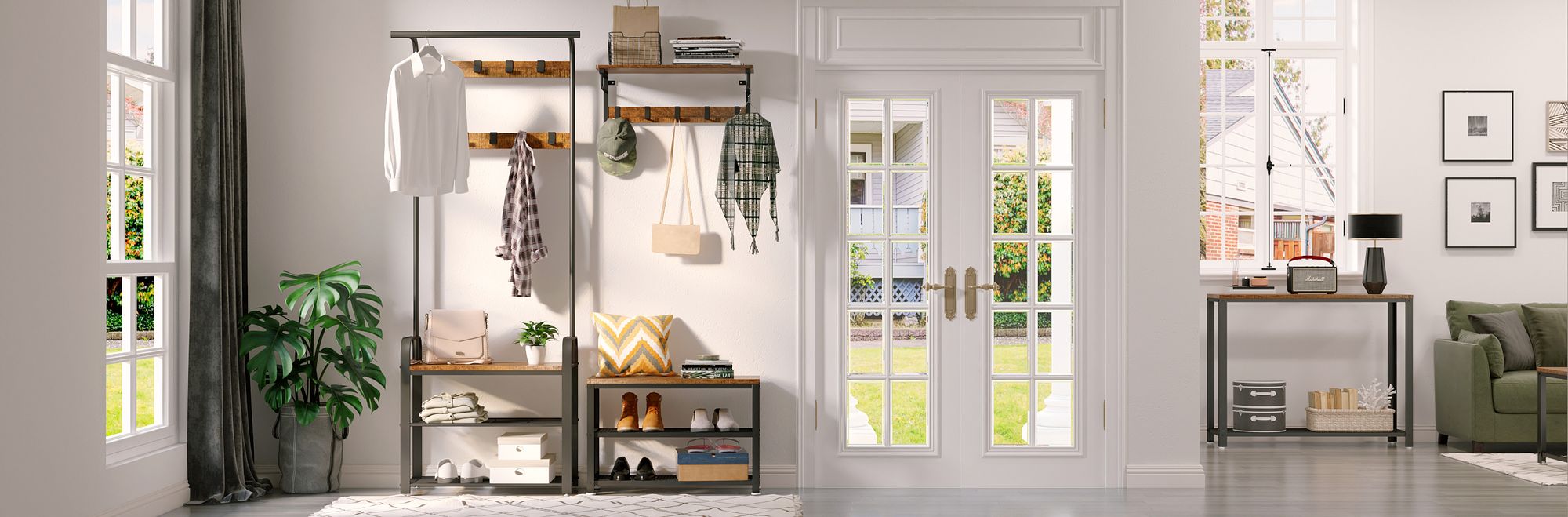 Mondeer Wandregal mit 5 Haken Wandgarderobe Flurgarderobe Kleiderhaken Hängeregal Braun