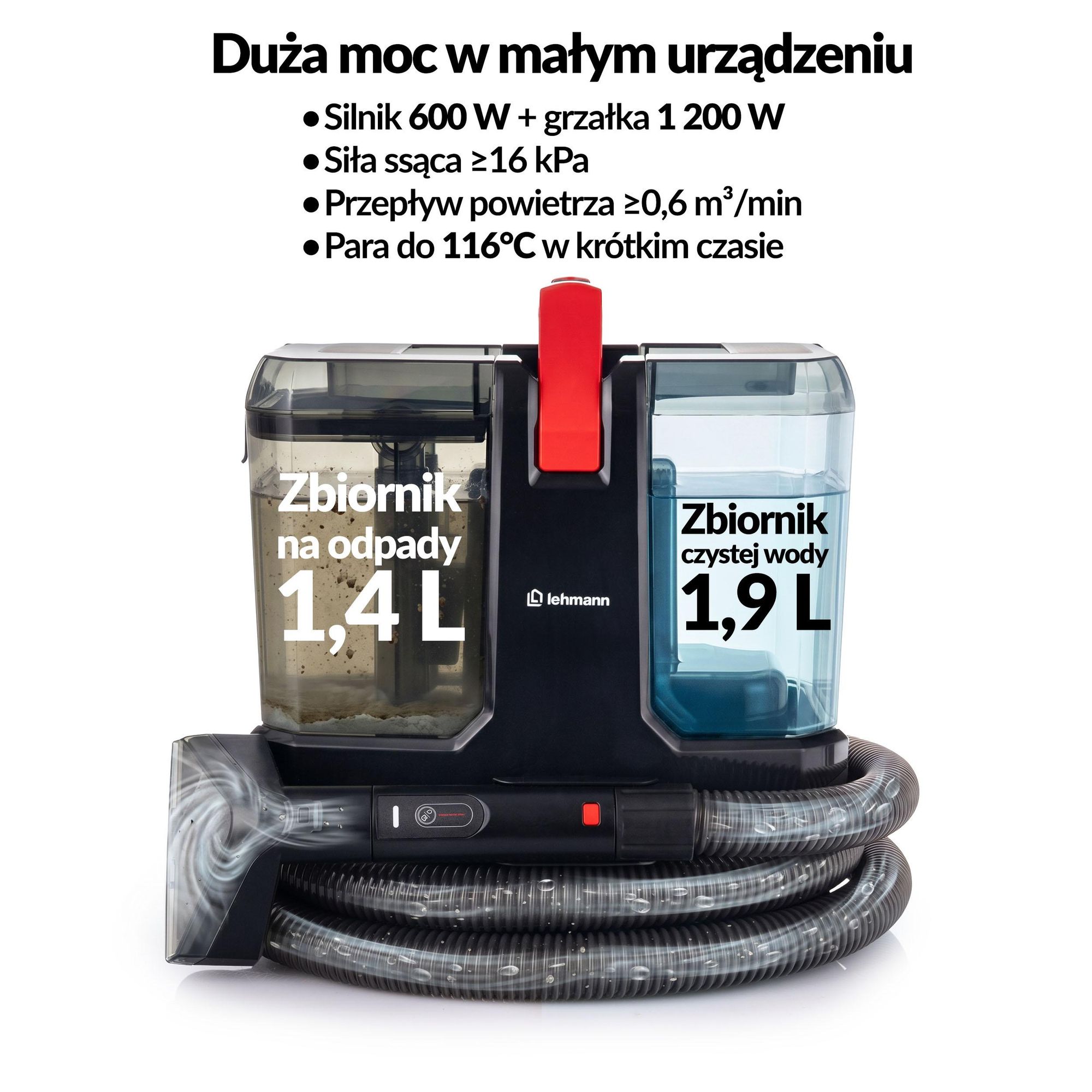Odkurzacz piorący SPOTTER LEHMANN STEAMWASH LHOSW-1819 Pranie zimną oraz ciepłą wodą, pranie parą, czyszczenie parą